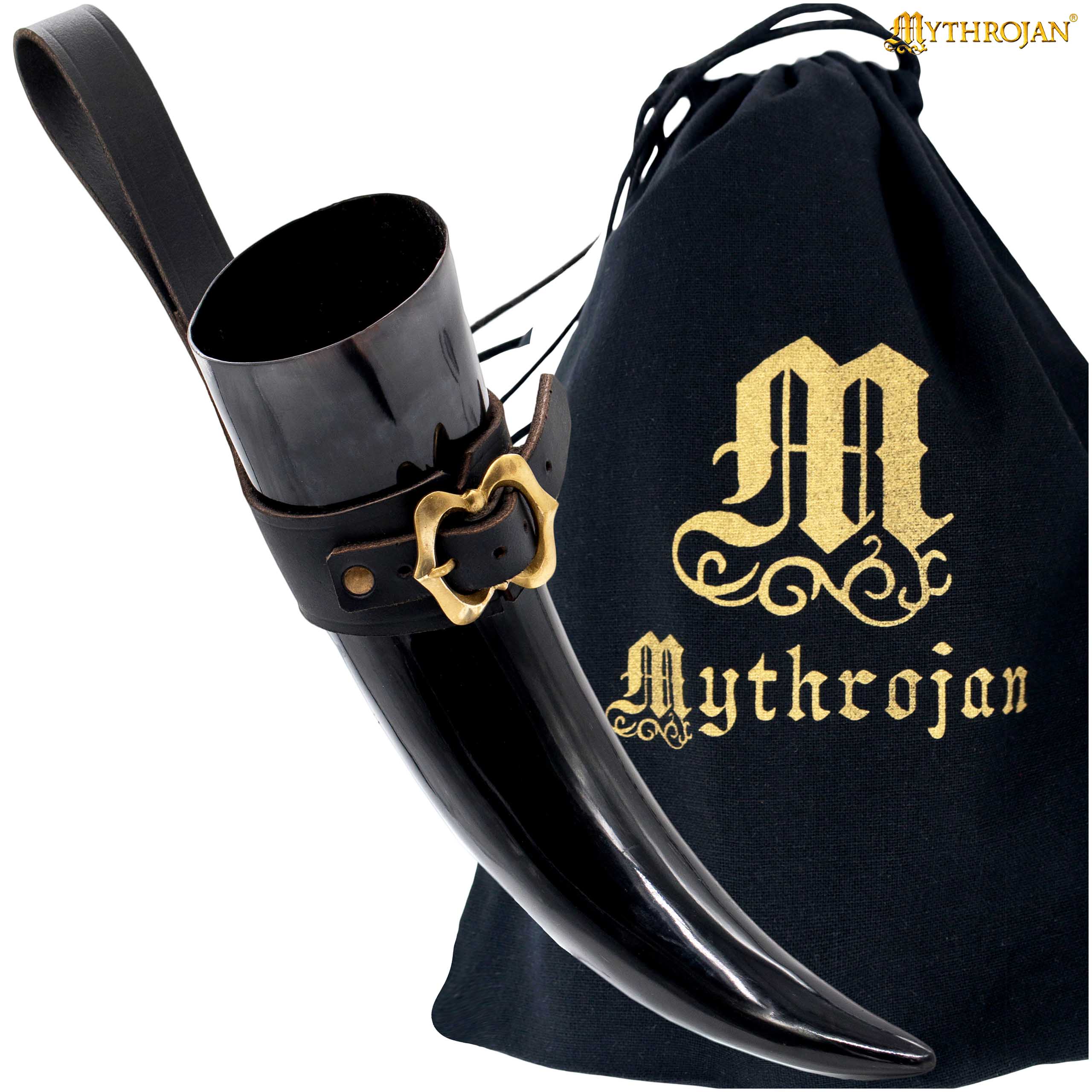 Imagen única de: Mythrojan The Loyal Soldier - Vikingo Cuerno para Beber con Soporte de Cuero Negro Auténtica Jarra de Vino / Cabeza Vikinga de Inspiración Medieval - Acabado Pulido - 400ml