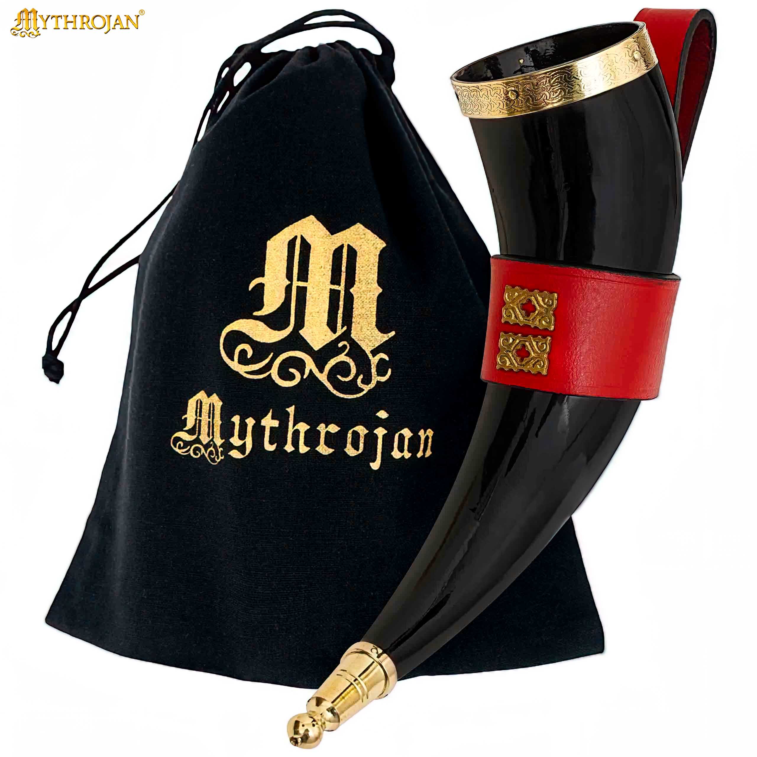 Imagen única de: Mythrojan The Wealthy Merchant - Viking Drinking Horn With Red Leather Holder Authentic Medieval Inspired Viking Wine/mead Mug - Polished Finish - 350 Ml