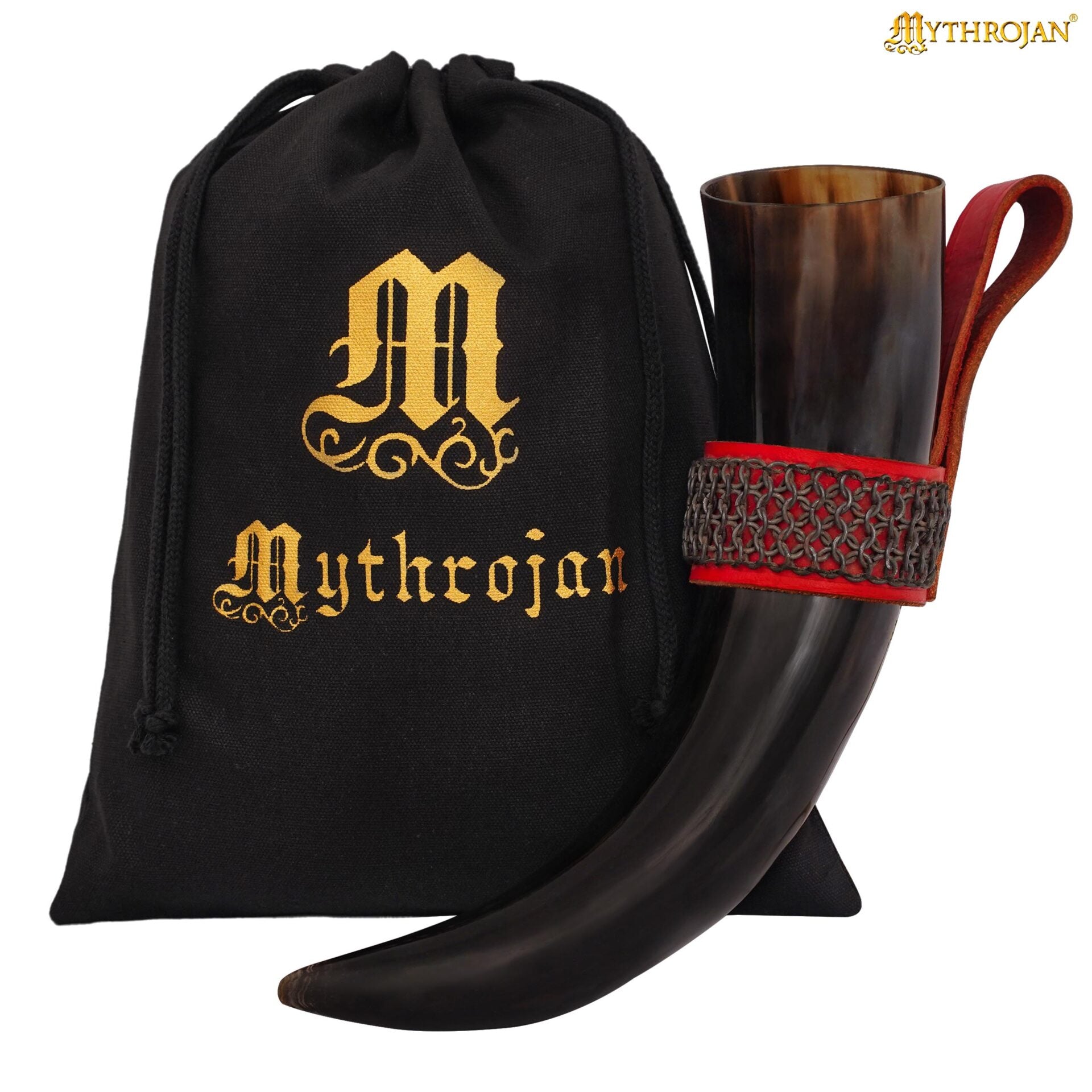 Imagen única de: Mythrojan The Witcher Companion Vikingo Cuerno para Beber con Soporte de Cuero Rojo Auténtica Taza Vikinga Inspirada en la Edad Media - Acabado Pulido