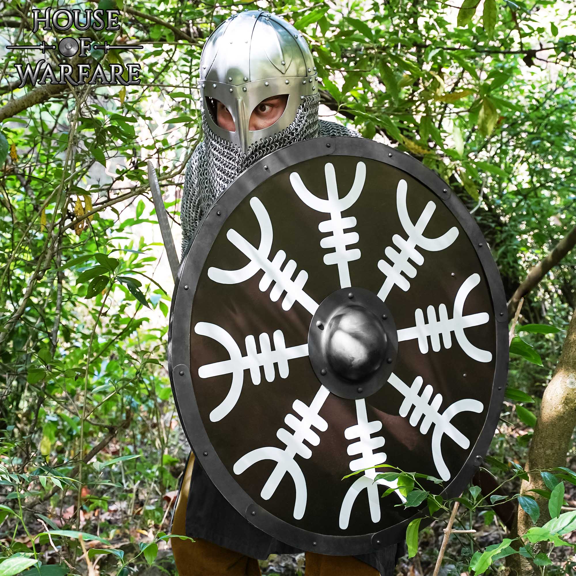 Imagen única de: Escudo Vikingo de Madera con Yelmo de Pavor Diseño Aegishjalmur -escudo de Batalla Redondo Pintado - Escudo Medieval Funcional