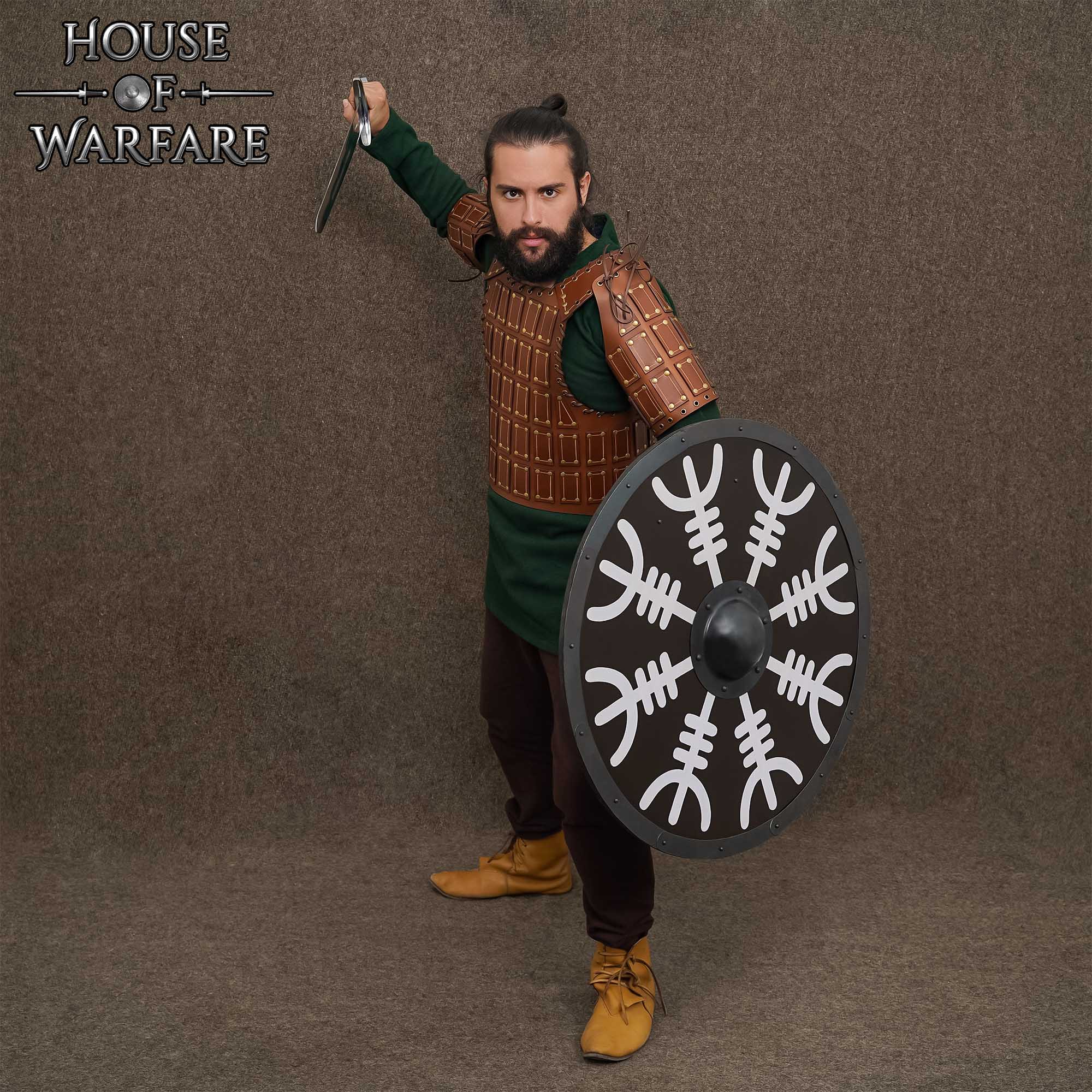Imagen única de: Escudo Vikingo de Madera con Yelmo de Pavor Diseño Aegishjalmur -escudo de Batalla Redondo Pintado - Escudo Medieval Funcional