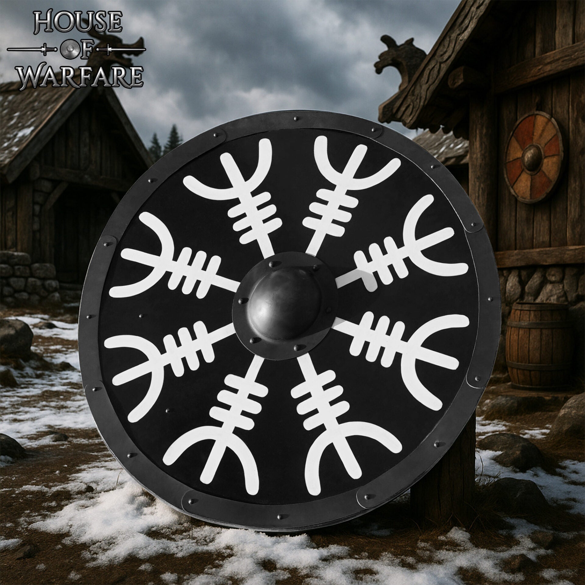 Imagen única de: Escudo Vikingo de Madera con Yelmo de Pavor Diseño Aegishjalmur -escudo de Batalla Redondo Pintado - Escudo Medieval Funcional
