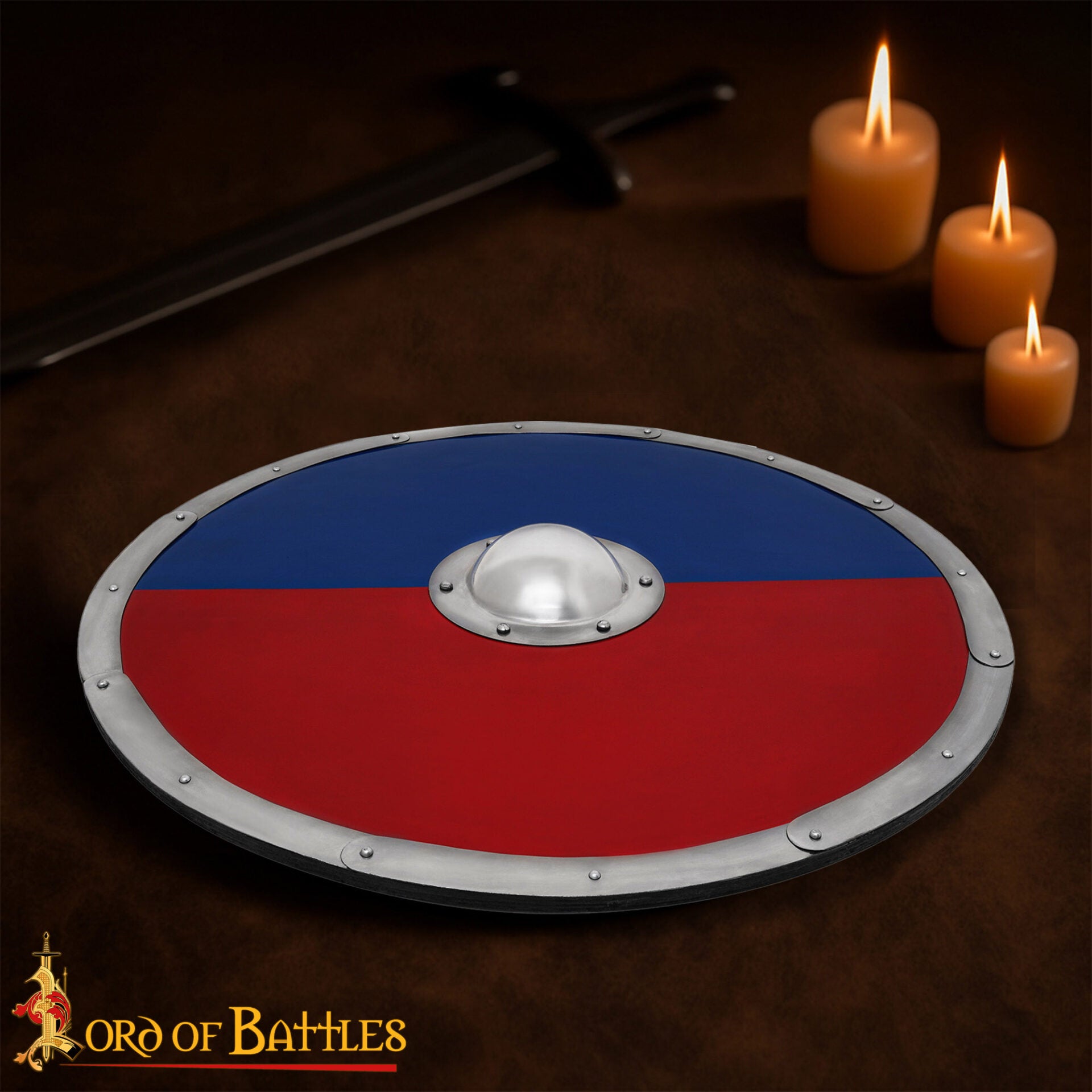 Imagen única de: Escudo Redondo Vikingo 30" - Escudo Artesanal de Madera con Jefe de Acero - Pintura de Guerra Roja y Azul