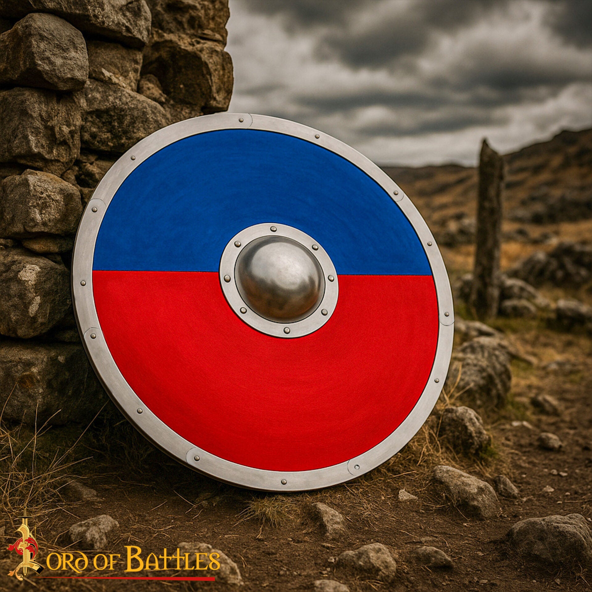Imagen única de: Escudo Redondo Vikingo 30" - Escudo Artesanal de Madera con Jefe de Acero - Pintura de Guerra Roja y Azul