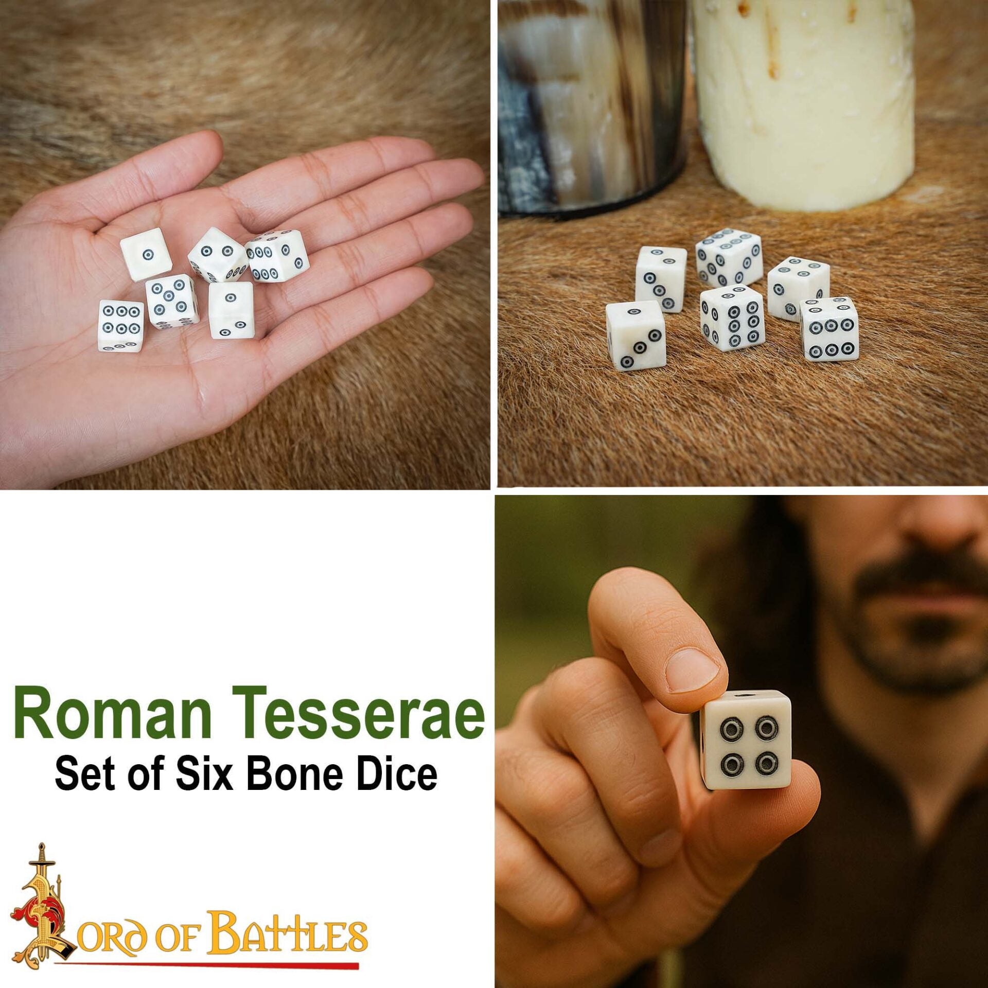 Imagen única de: Dados Romanos de Hueso con Teselas - Juego de 6 Dados en Espiral Hechos a Mano (hueso Pulido)