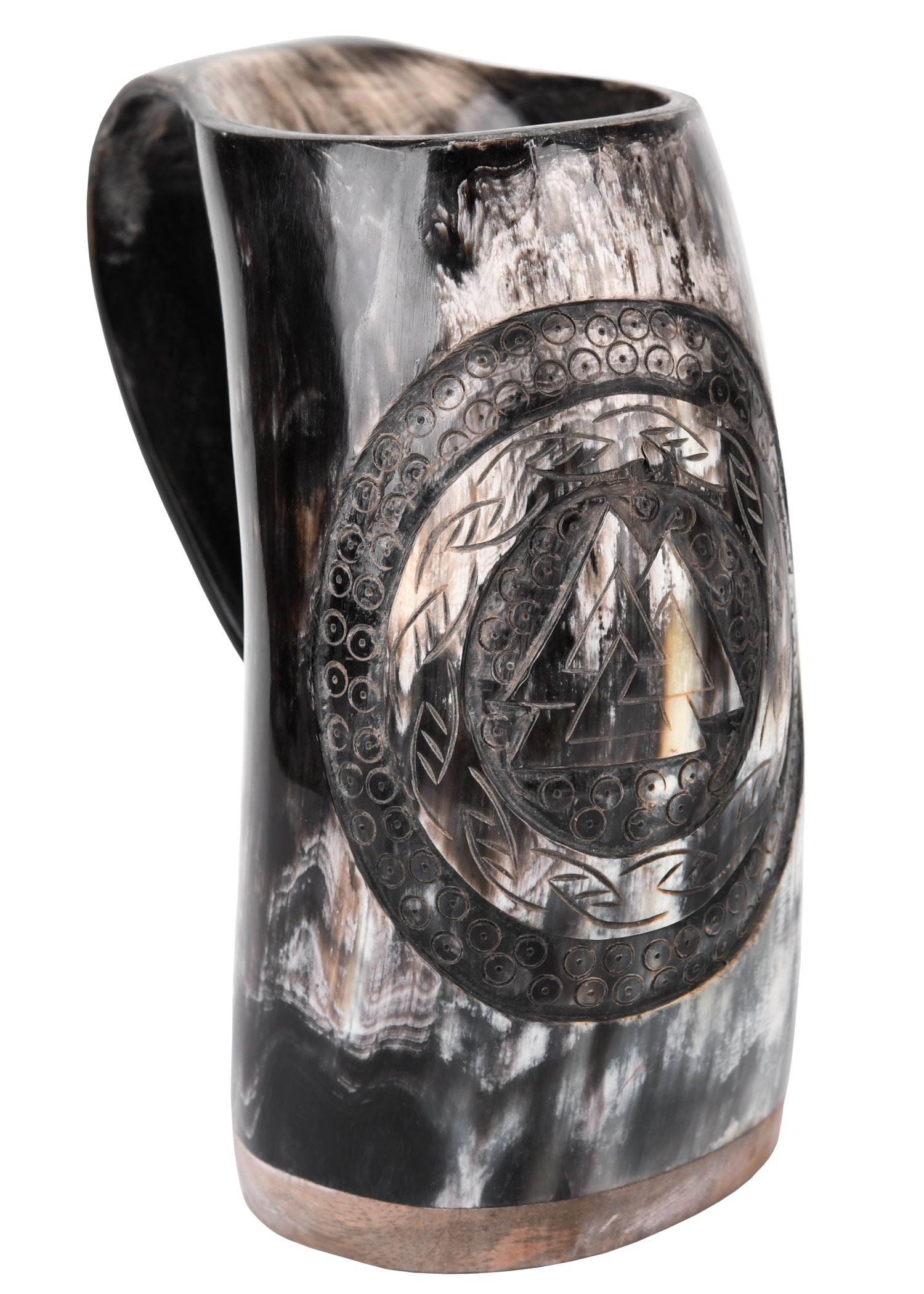 Imagen única de: Jarra De Cuerno, Jarra De Cerveza Con Base De Madera Y Motivo Valknut N.º 1