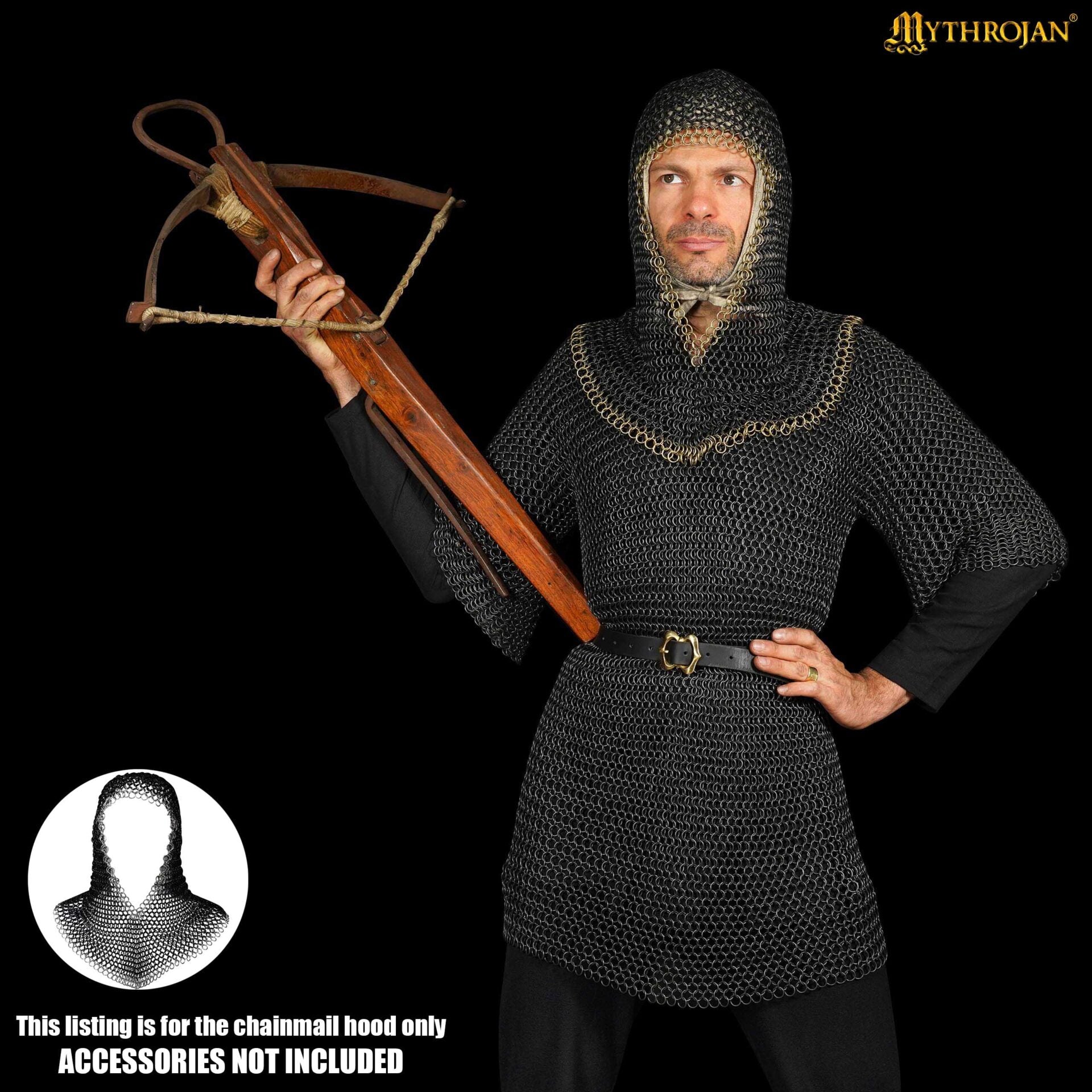 Imagen única de: Cofia Medieval de Cota de Malla - Acero Dulce Ennegrecido con Borde de Latón Macizo - Anillos de 10 Mm y 16 Galgas