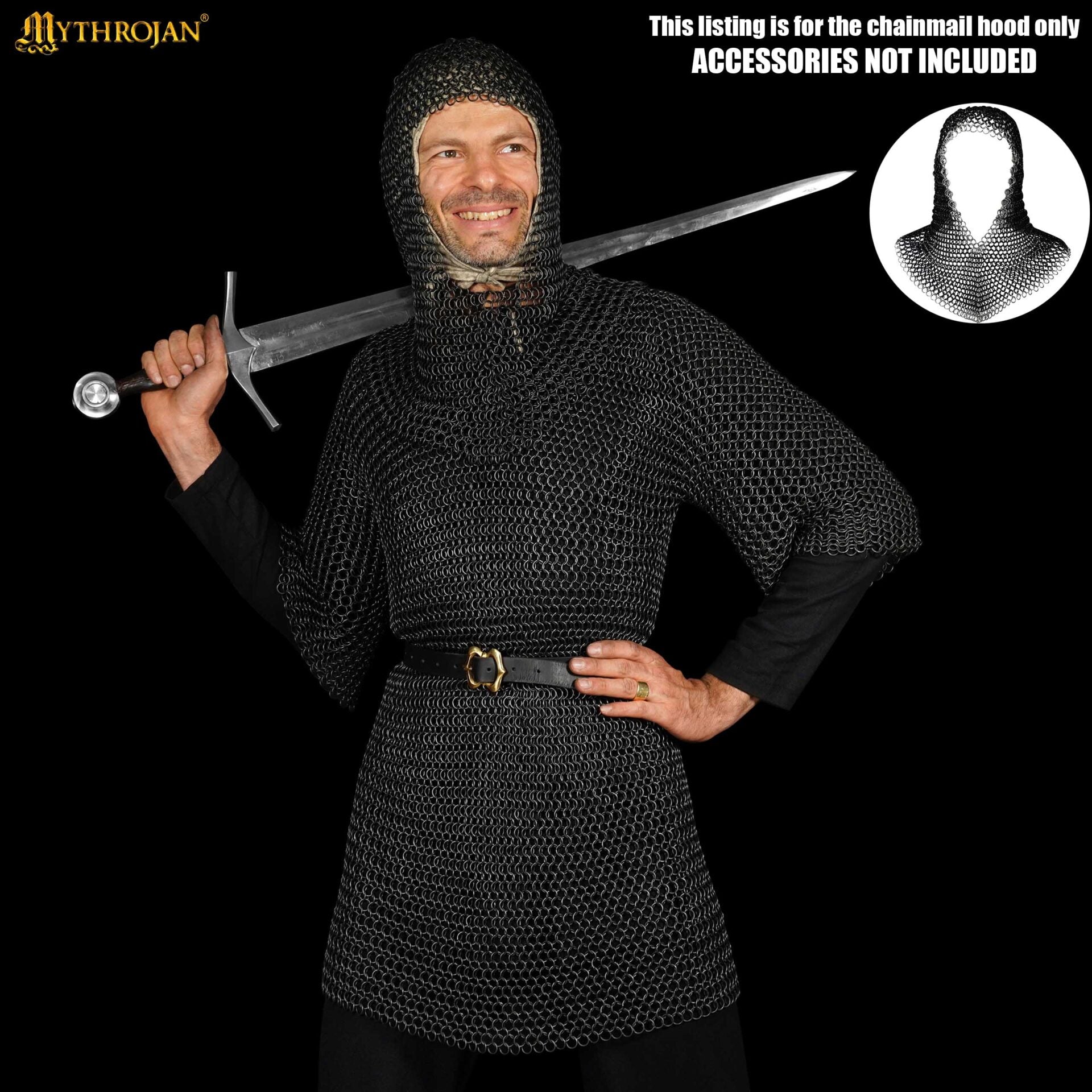 Imagen única de: Cofia Medieval de Cota de Malla - Anillas de Acero Dulce Conificado - Acabado Ennegrecido - 10 Mm 16 Galgas - Grande