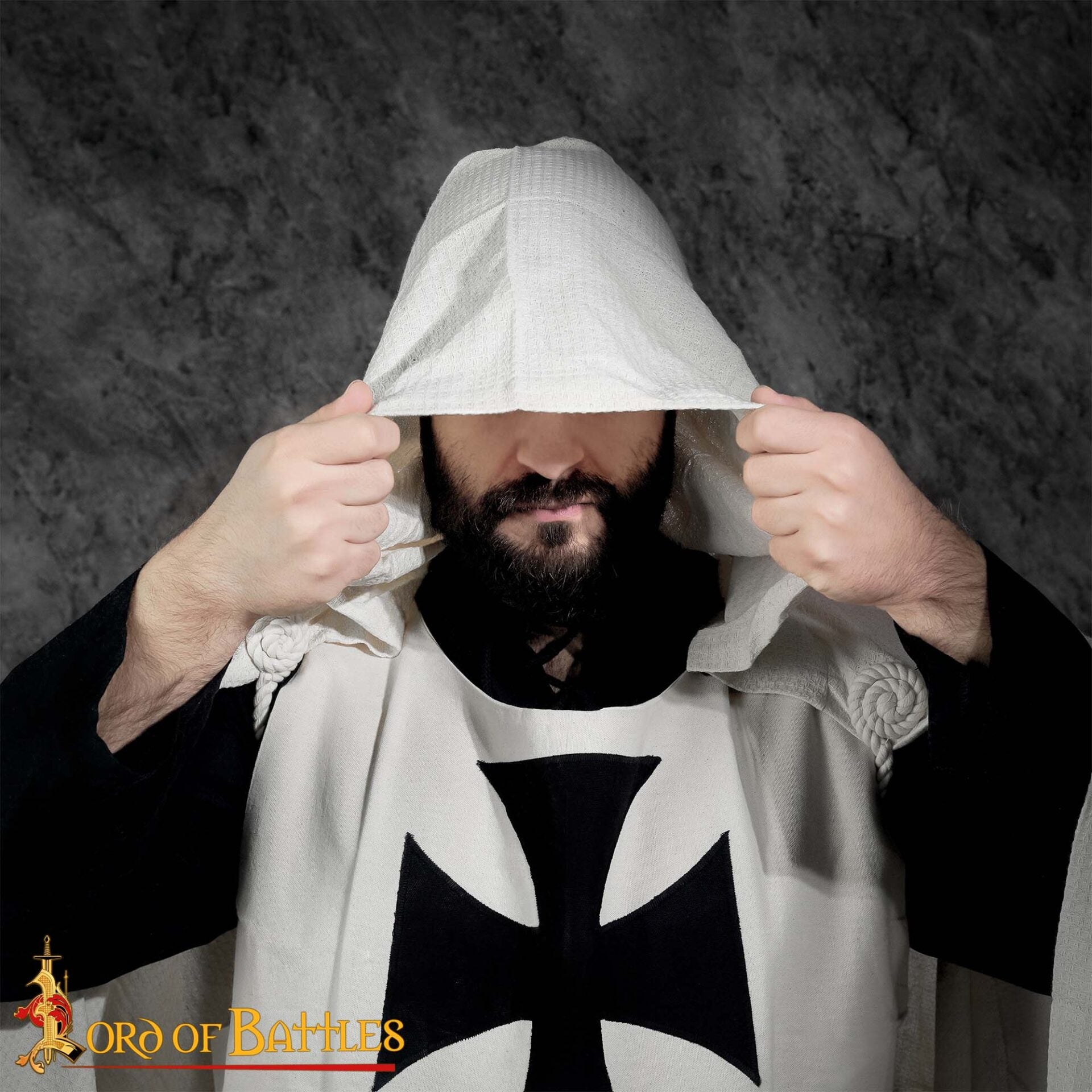 Imagen única de: Capa de Caballero Templario con Capucha del Siglo Xiii - Capa de Cruzado de Algodón con Cruz Negra