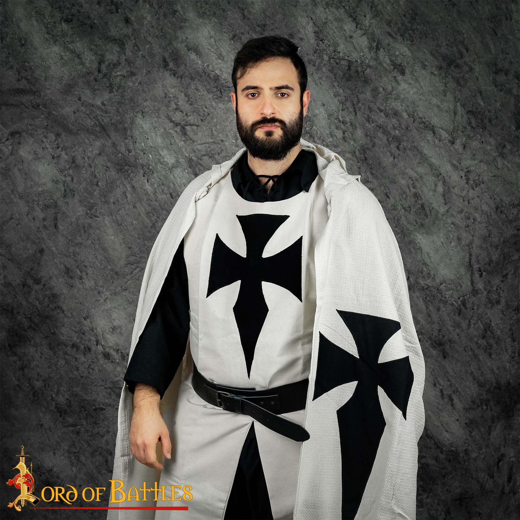 Imagen única de: Capa de Caballero Templario con Capucha del Siglo Xiii - Capa de Cruzado de Algodón con Cruz Negra