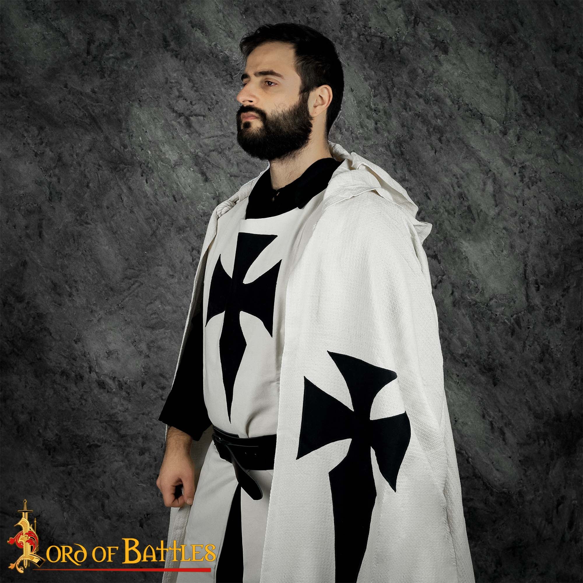 Imagen única de: Capa de Caballero Templario con Capucha del Siglo Xiii - Capa de Cruzado de Algodón con Cruz Negra