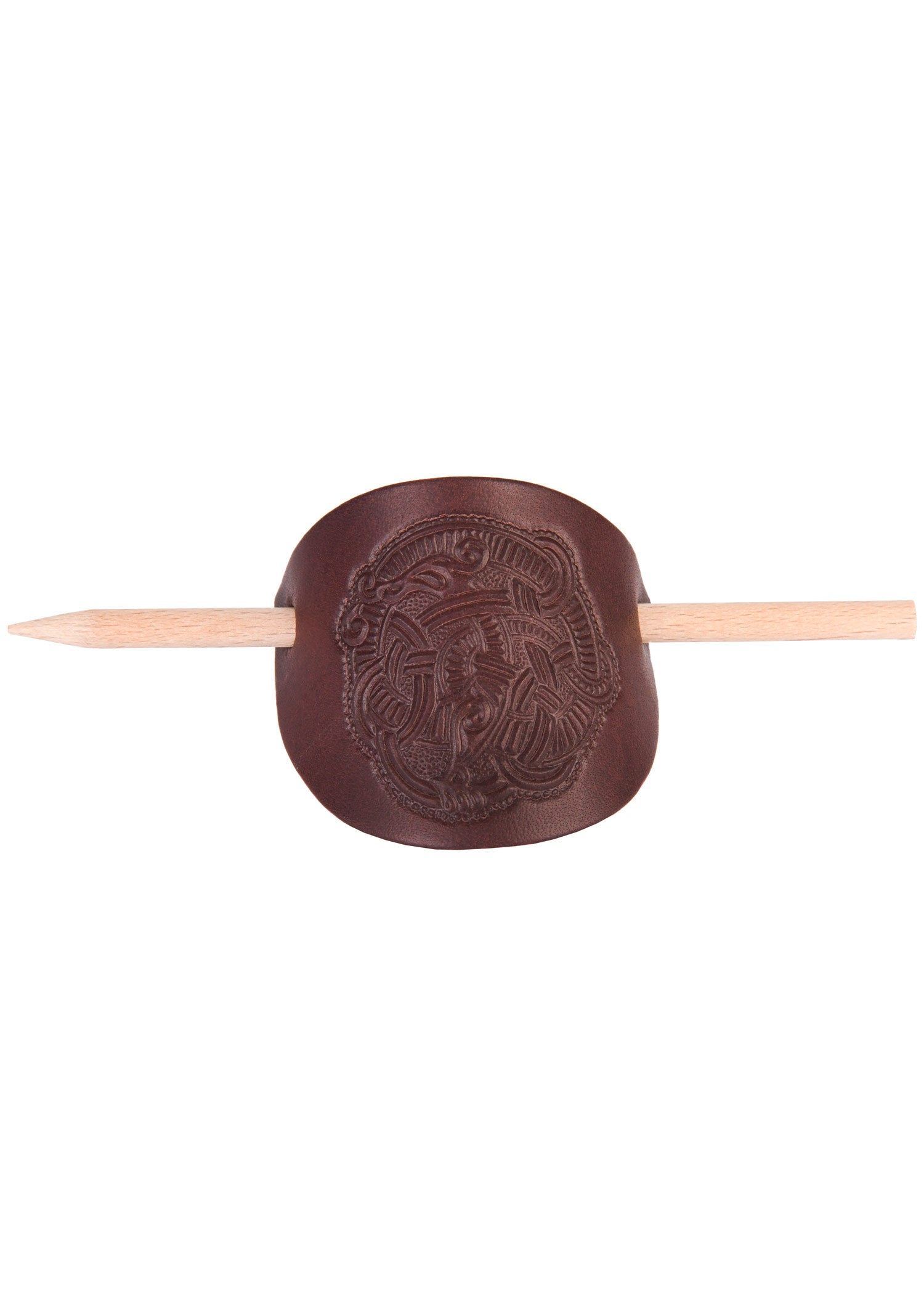 Imagen única de: Pasador De Pelo Pequeño De Cuero Con Motivo Vikingo Y Alfiler De Madera