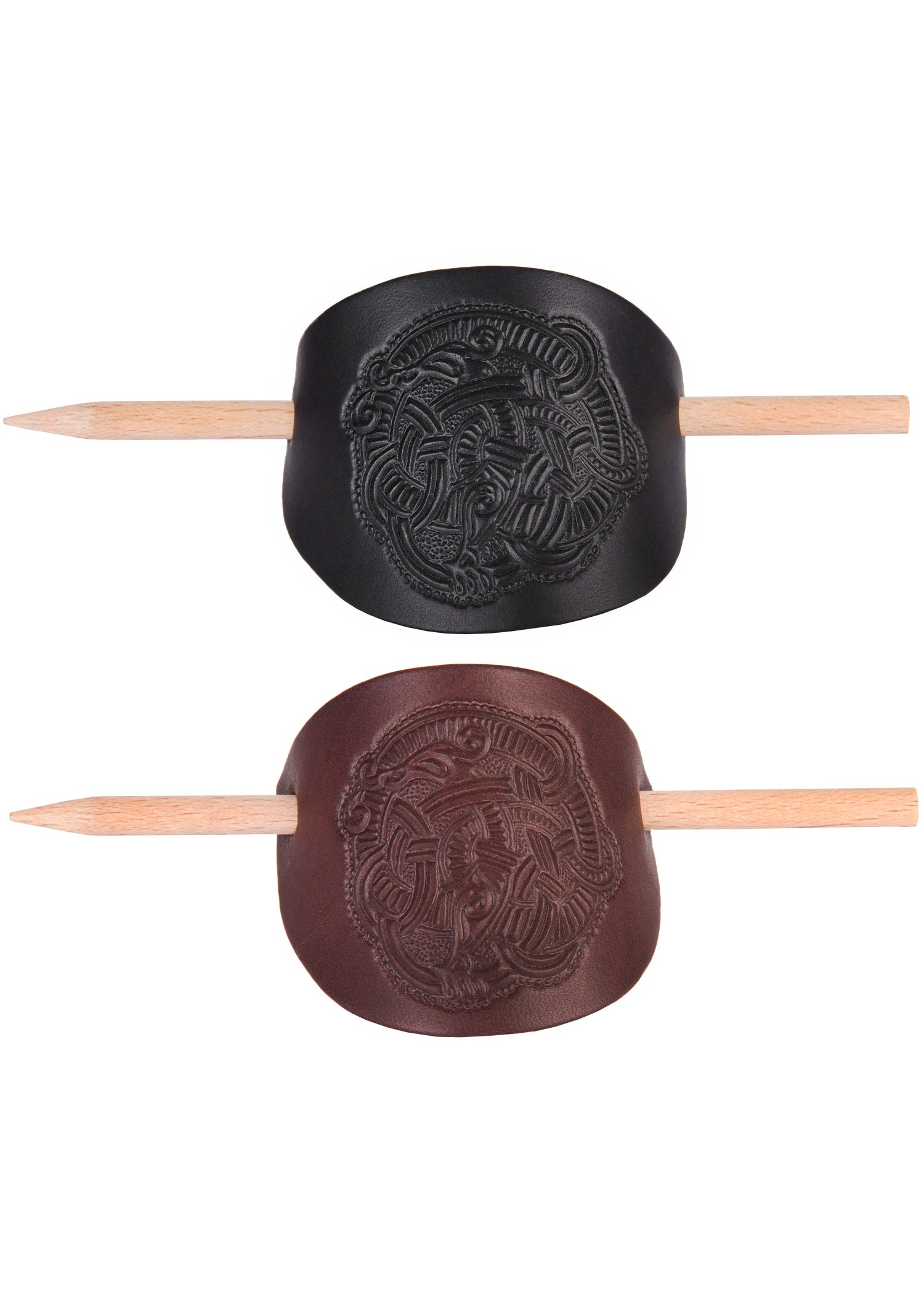 Imagen única de: Pasador De Pelo Pequeño De Cuero Con Motivo Vikingo Y Alfiler De Madera