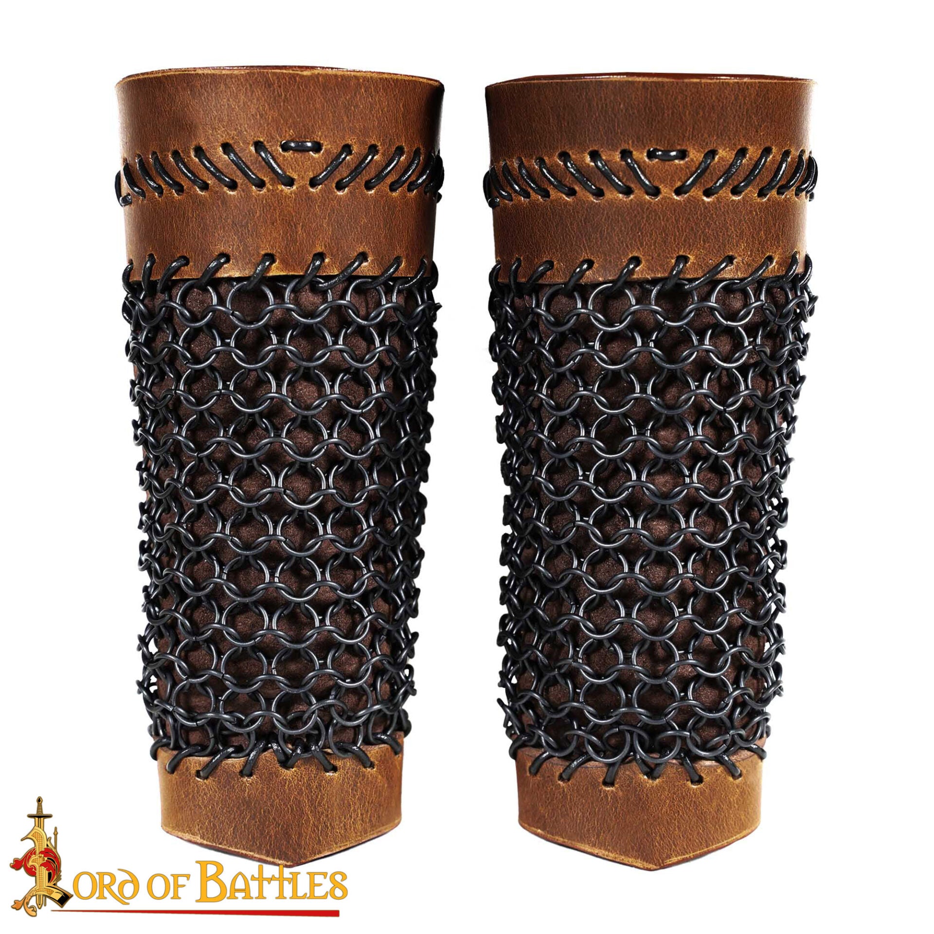 Imagen única de: Brazales de Cuero Marrón y Cota de Malla - Guardabrazos Artesanales - Par de Brazaletes Protectores Medievales