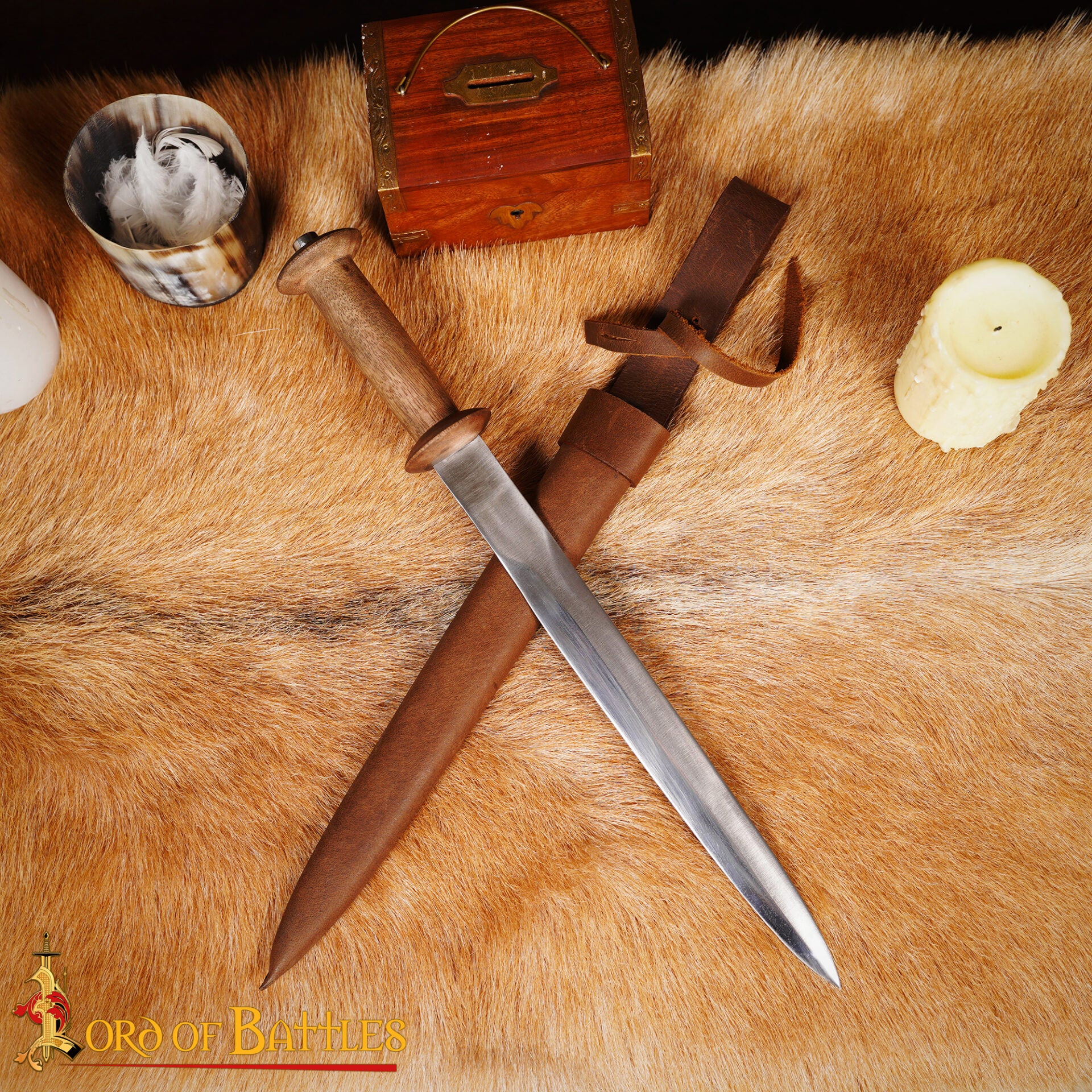 Daga Rondel Medieval con Empuñadura de Madera y Vaina de Cuero, Larp , Escenarios y Disfraces - Imagen 1