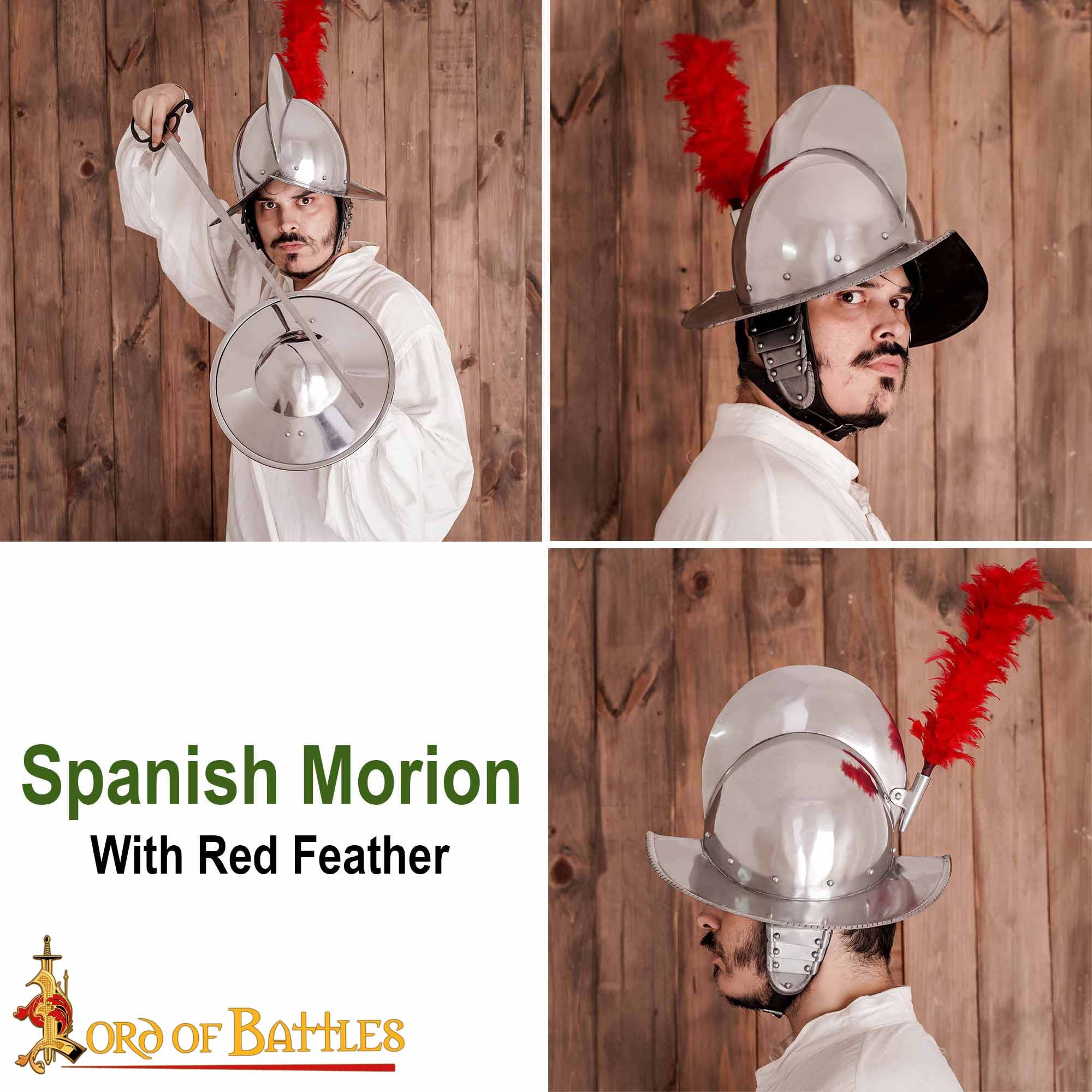 Casco Español de Peine Morion de Acero con Auténtico Penacho de Plumas Rojas - Siglo Xvi-xvii - Imagen 7