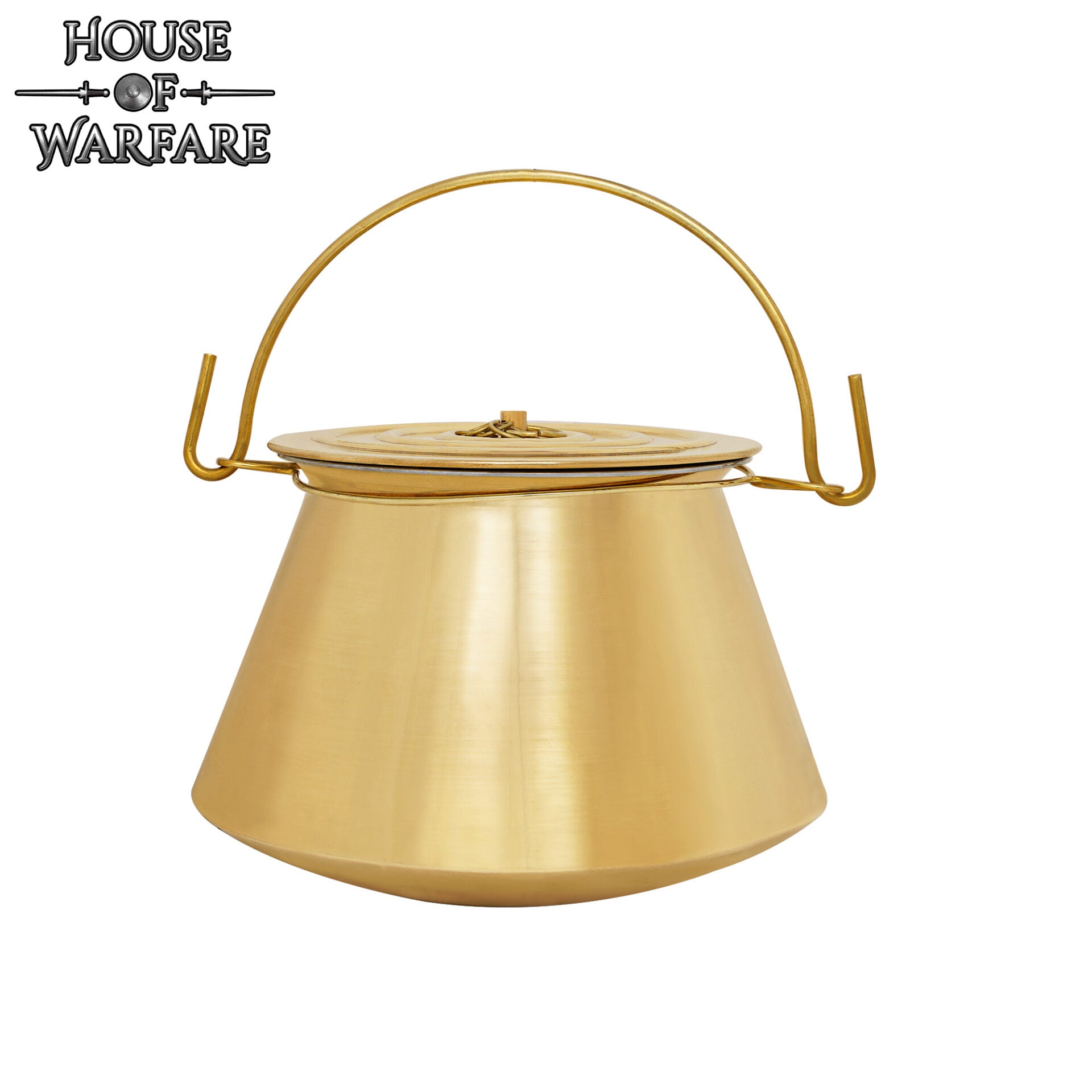 Imagen única de: Hervidor Medieval de Latón con Tapa - Olla Histórica para Cocinar Al Aire Libre y en Hogueras - Caldero de Latón Pulido Hecho a Mano