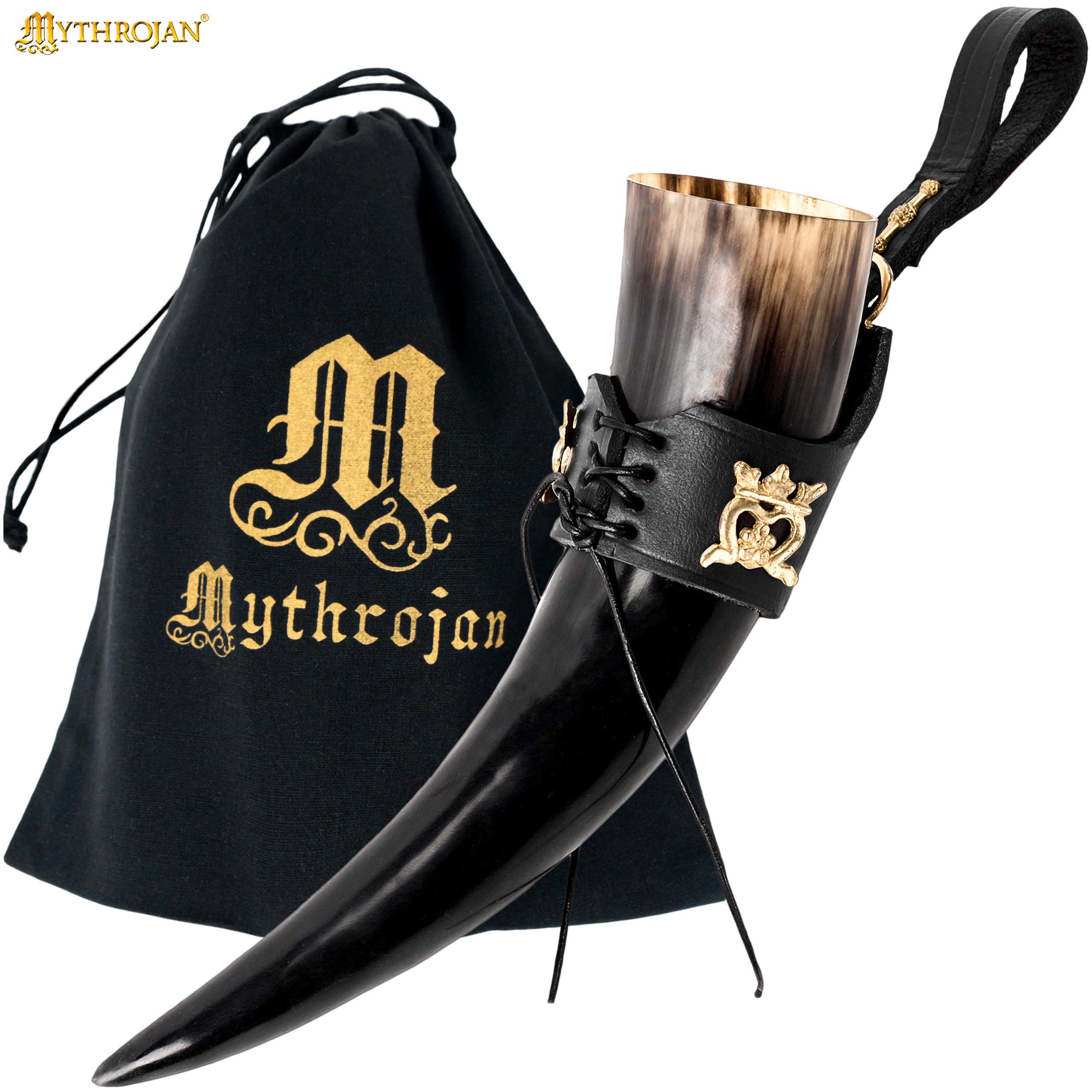 Imagen única de: Mythrojan The Elegant Lady Cuerno Vikingo para Beber con Soporte de Cuero Negro Auténtica Taza Vikinga Inspirada en la Edad Media - Acabado Pulido