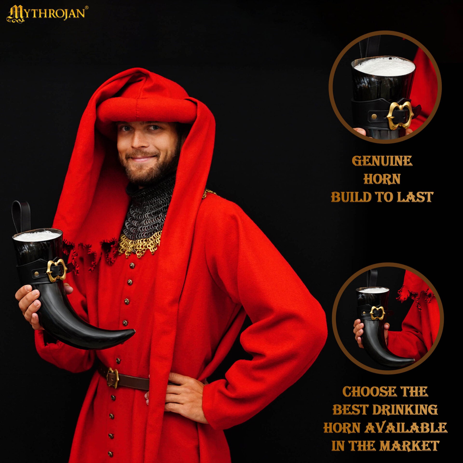 Imagen única de: Mythrojan The Loyal Soldier - Vikingo Cuerno para Beber con Soporte de Cuero Negro Auténtica Jarra de Vino / Cabeza Vikinga de Inspiración Medieval - Acabado Pulido - 400ml