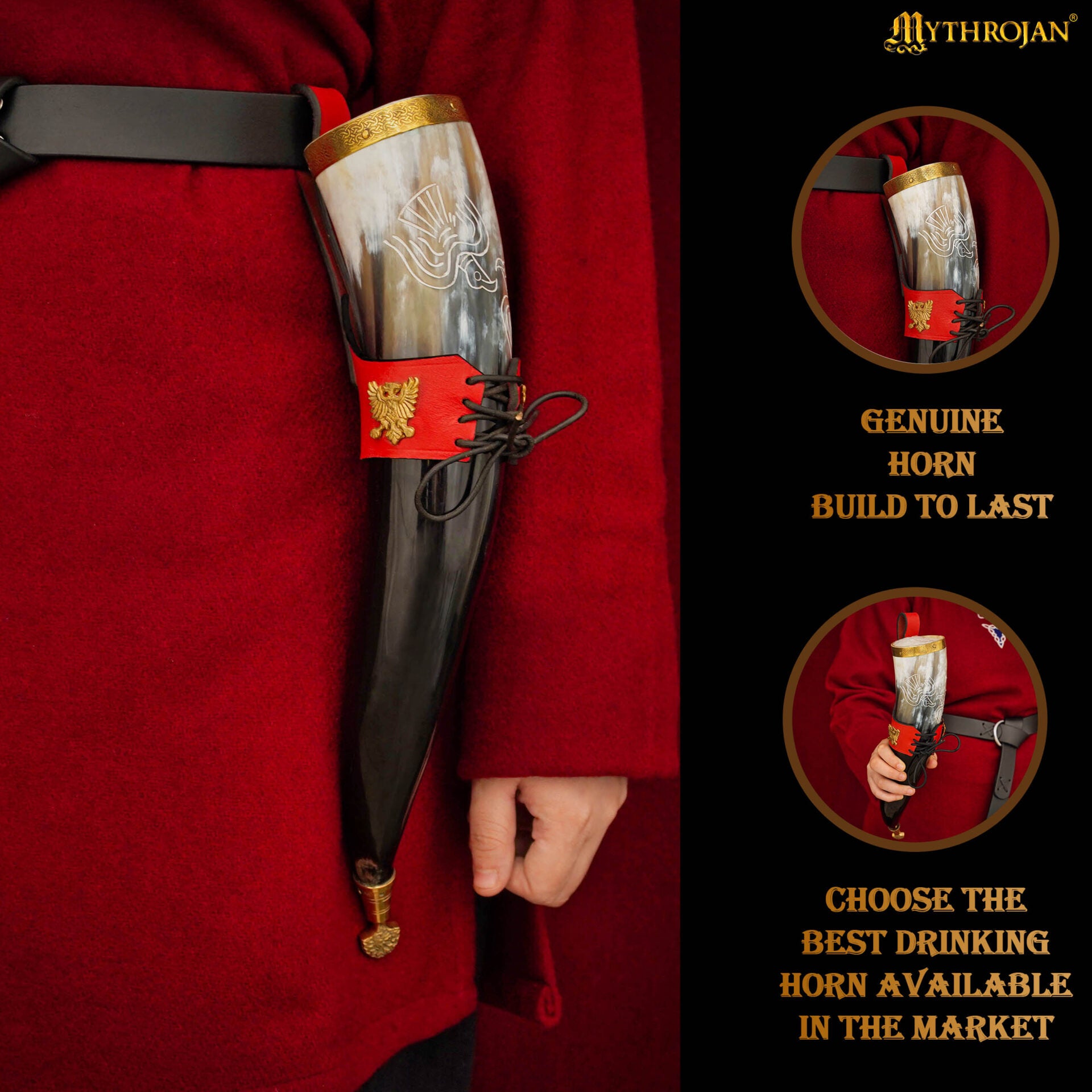Imagen única de: Mythrojan The Bird Of Prey Viking Drinking Horn 350 Ml con Soporte de Cuero Rojo Auténtica Jarra de Vino/cerveza Vikinga de Inspiración Medieval - Acabado Pulido