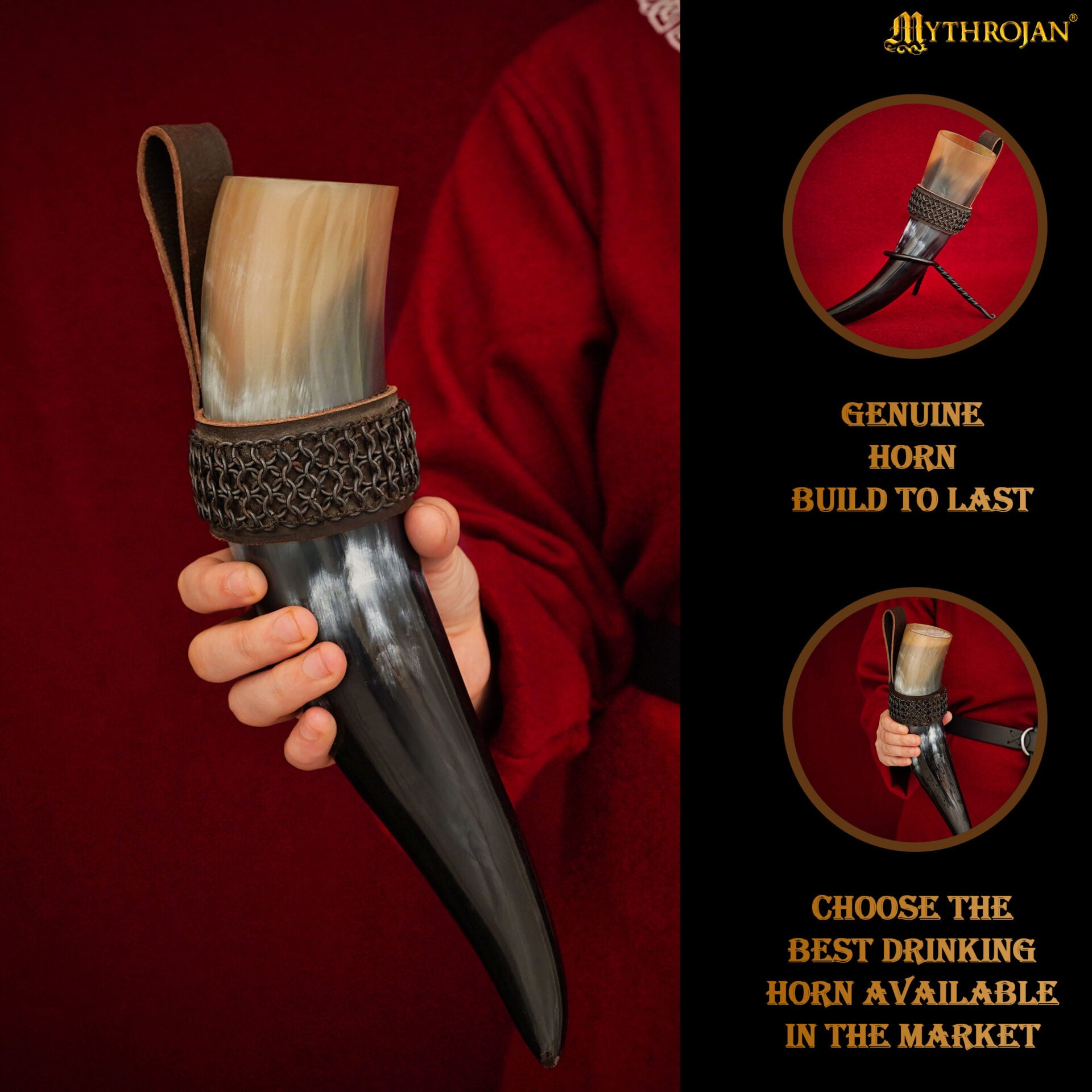 Imagen única de: Mythrojan The Witcher Companion Vikingo Cuerno para Beber con Soporte de Cuero Marrón Auténtica Taza de Vino/madera Vikinga de Inspiración Medieval - Acabado Pulido 400 Ml