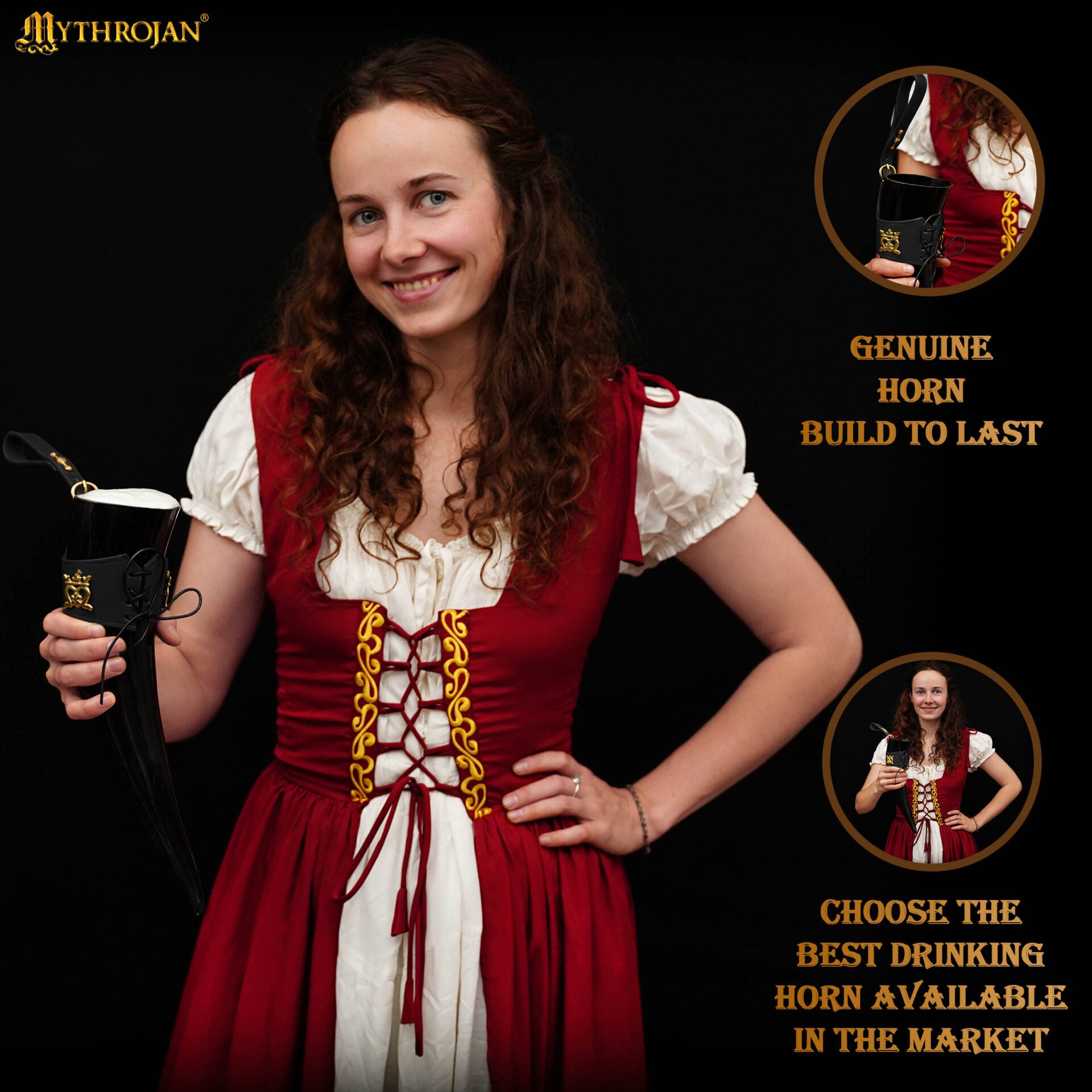 Imagen única de: Mythrojan The Elegant Lady Cuerno Vikingo para Beber con Soporte de Cuero Negro Auténtica Taza Vikinga Inspirada en la Edad Media - Acabado Pulido