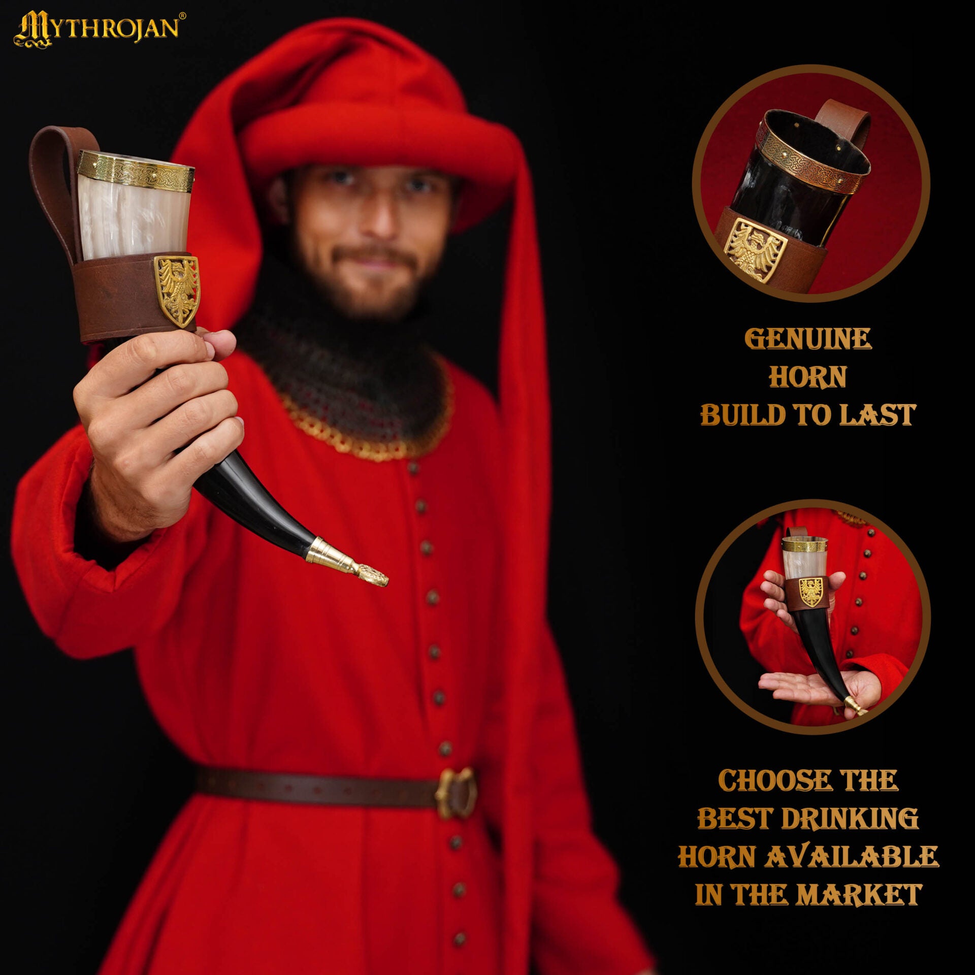 Imagen única de: Mythrojan The Tournament Champion - Viking Drinking Horn 350 Ml With Brown Leather Holder Authentic Medieval Inspired Viking Wine/mead Mug - Polished Finish