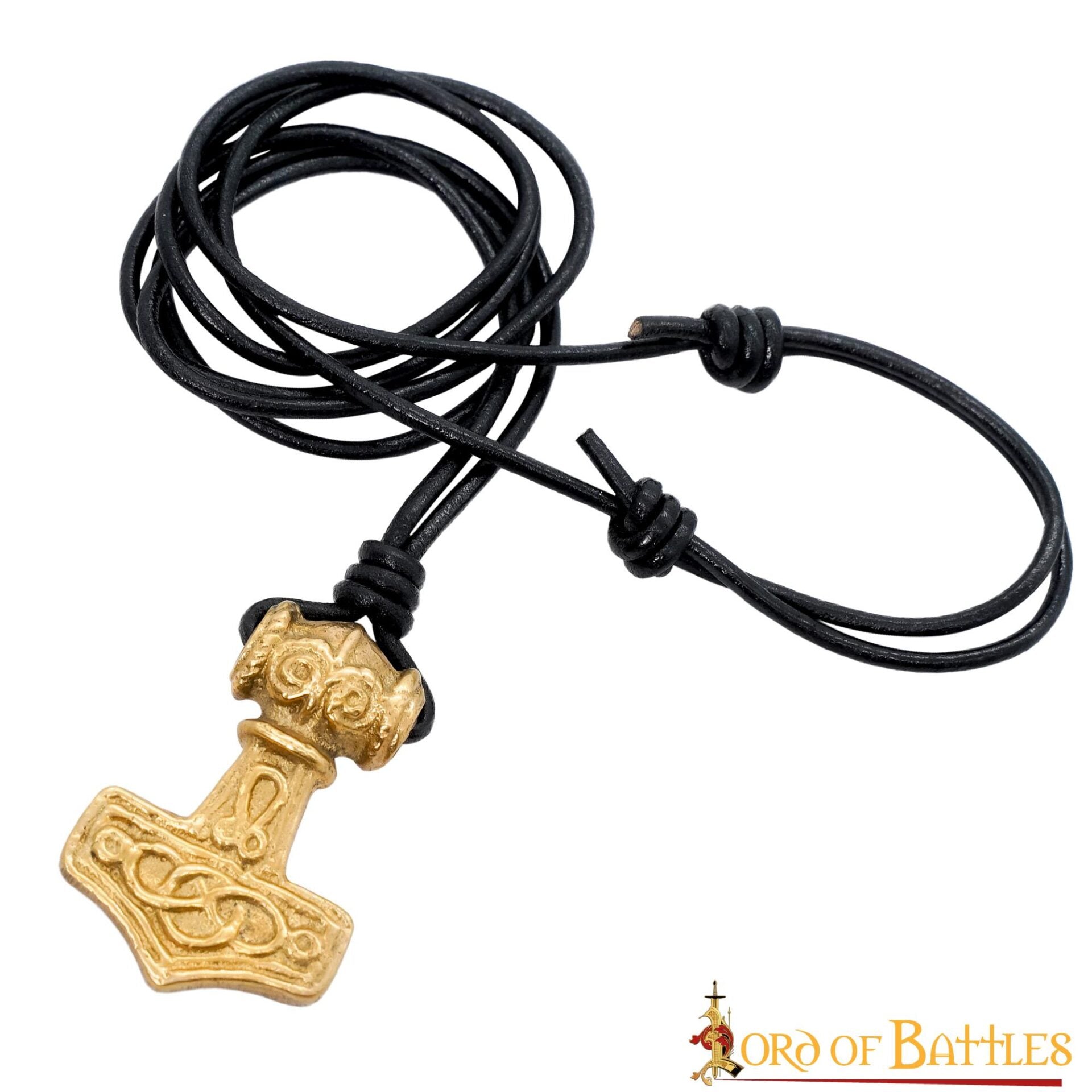 Imagen única de: Colgante Mjolnir con Cordón de Cuero - Latón, Martillo de Thor