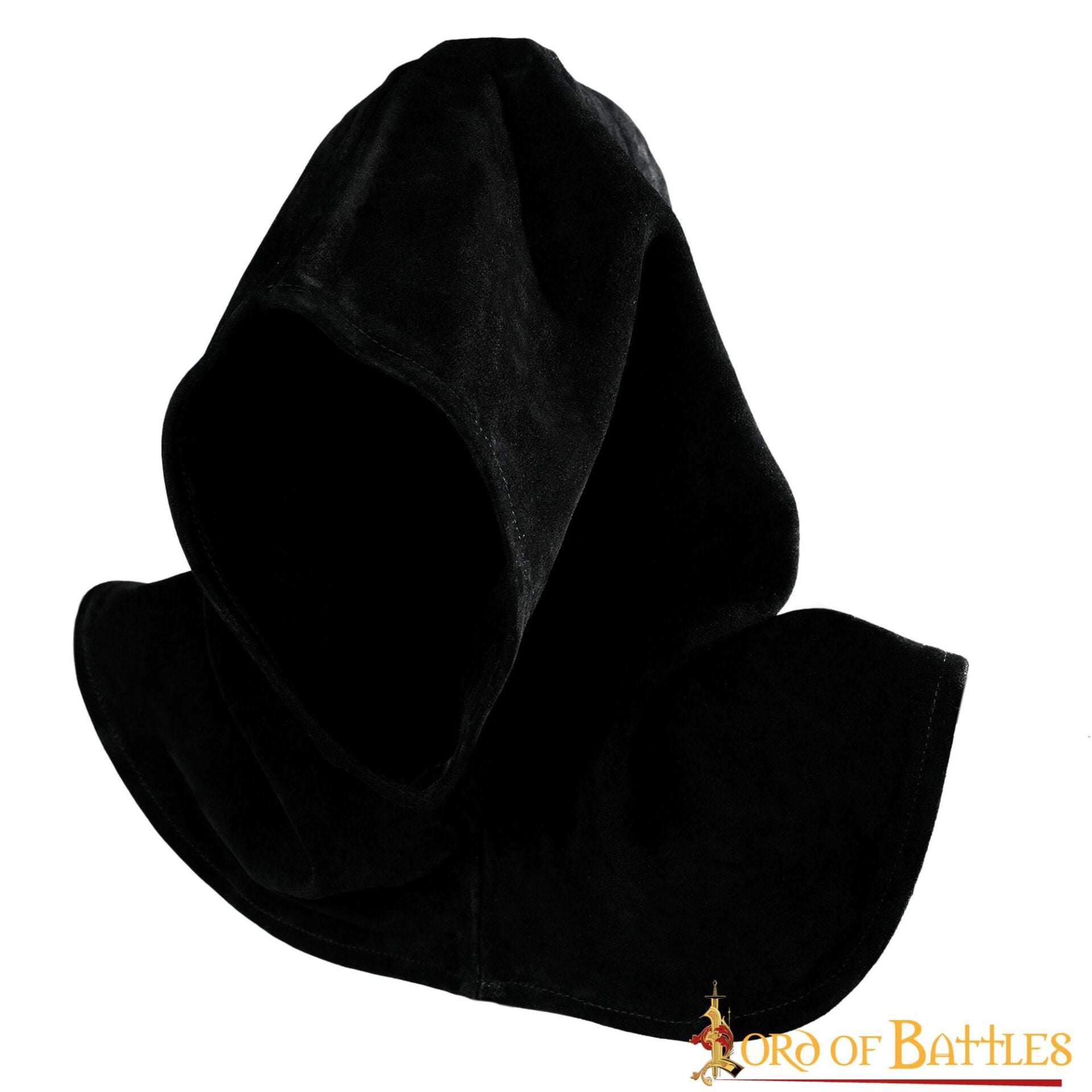 Imagen única de: Capucha de Piel de Ante Negra con Cuello Ancho - Estilo Medieval Artesanal