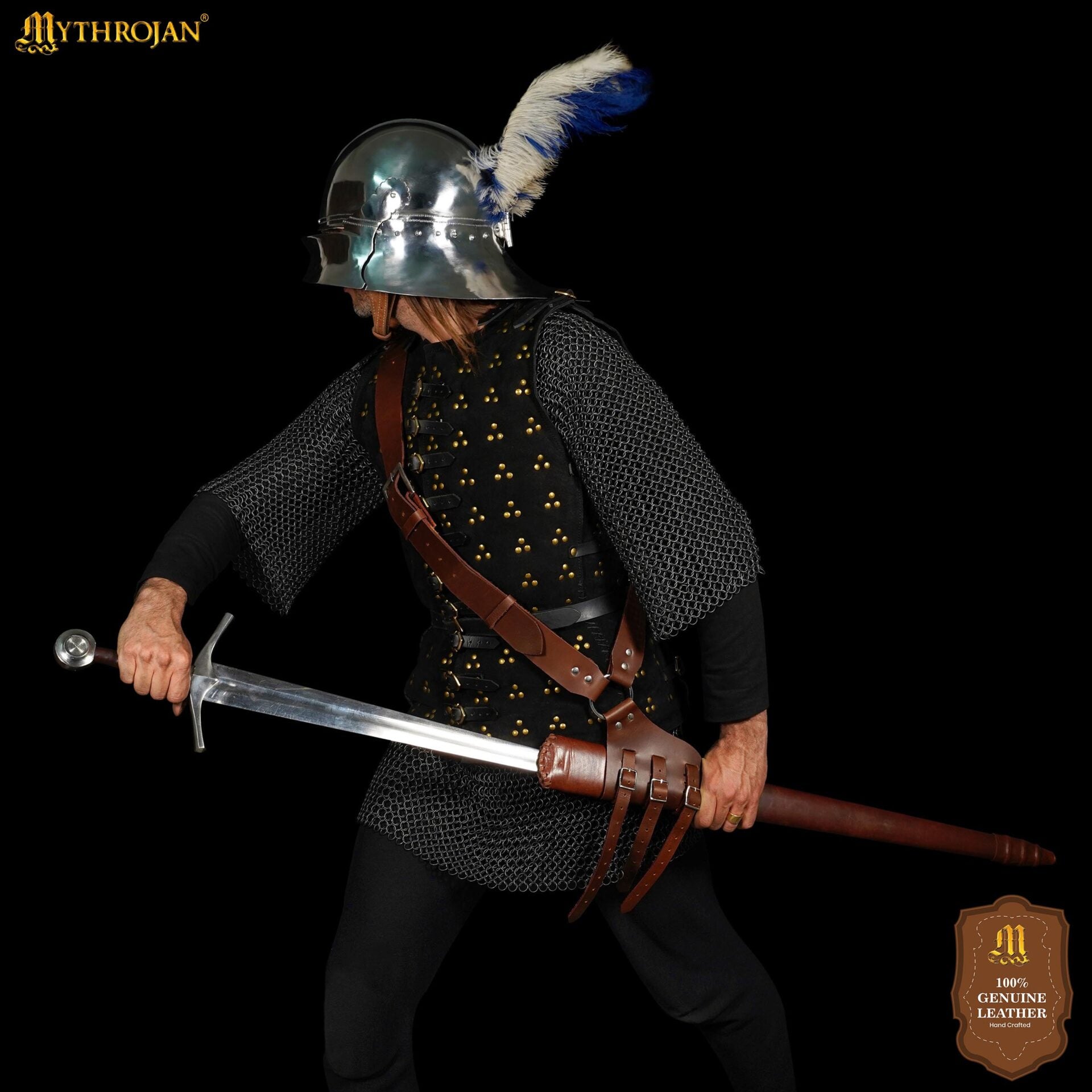 Imagen única de: Mythrojan Baldric Cinturón de Espada de Cuero Funda Daga Medieval - Mano Derecha Marrón