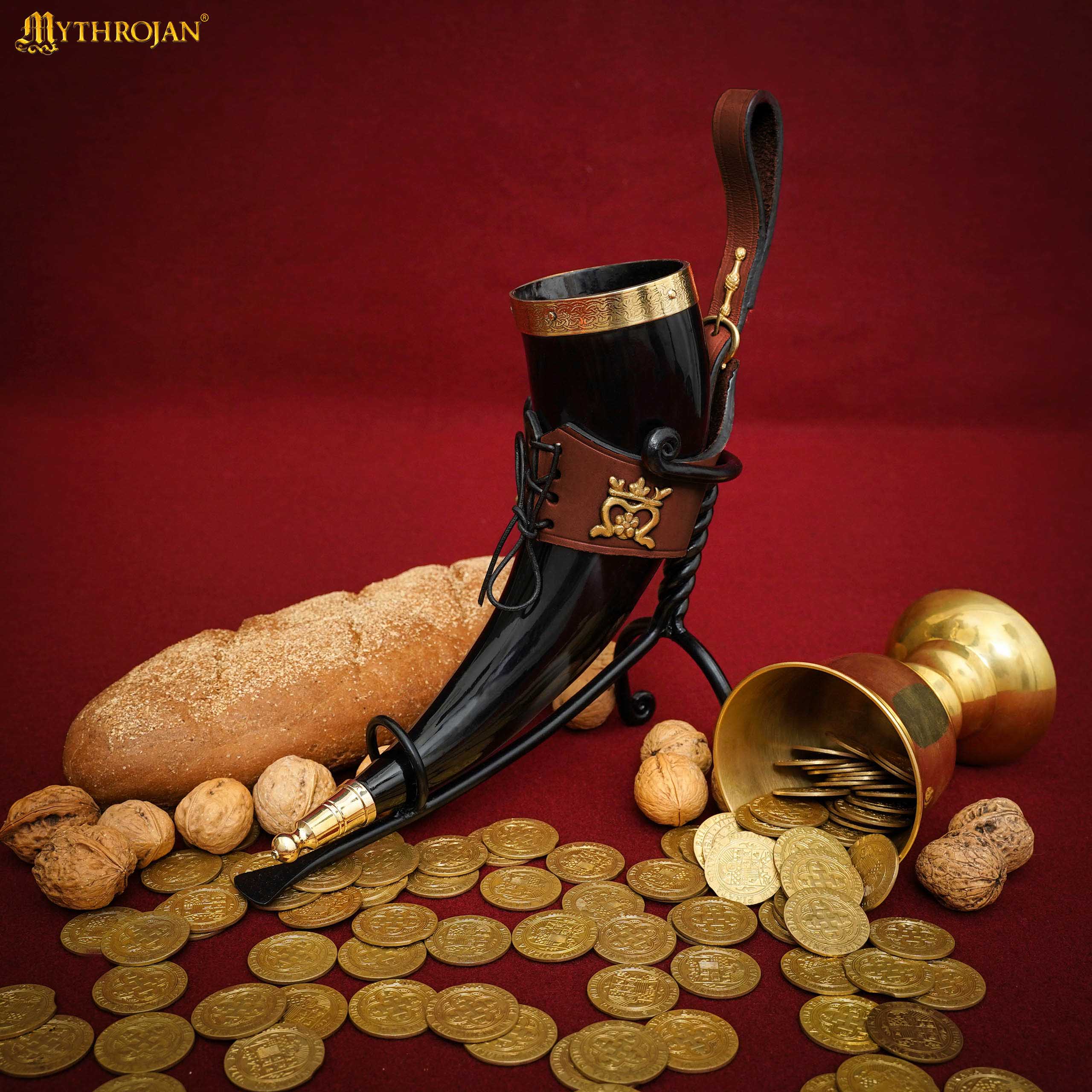 Imagen única de: Mythrojan The Elegant Lady 350 Ml Cuerno Vikingo para Beber con Soporte de Cuero Marrón