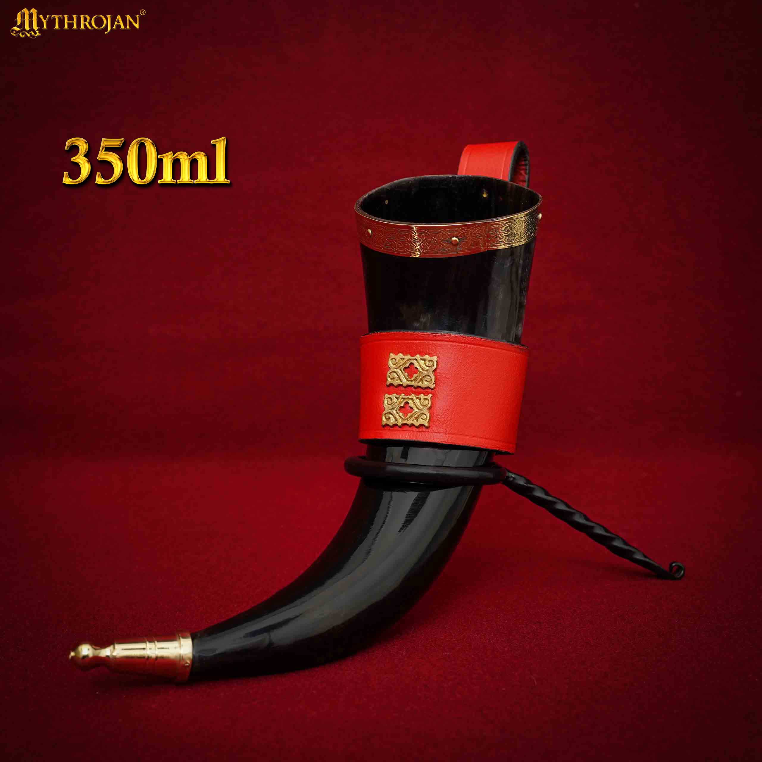 Imagen única de: Mythrojan The Wealthy Merchant - Viking Drinking Horn With Red Leather Holder Authentic Medieval Inspired Viking Wine/mead Mug - Polished Finish - 350 Ml