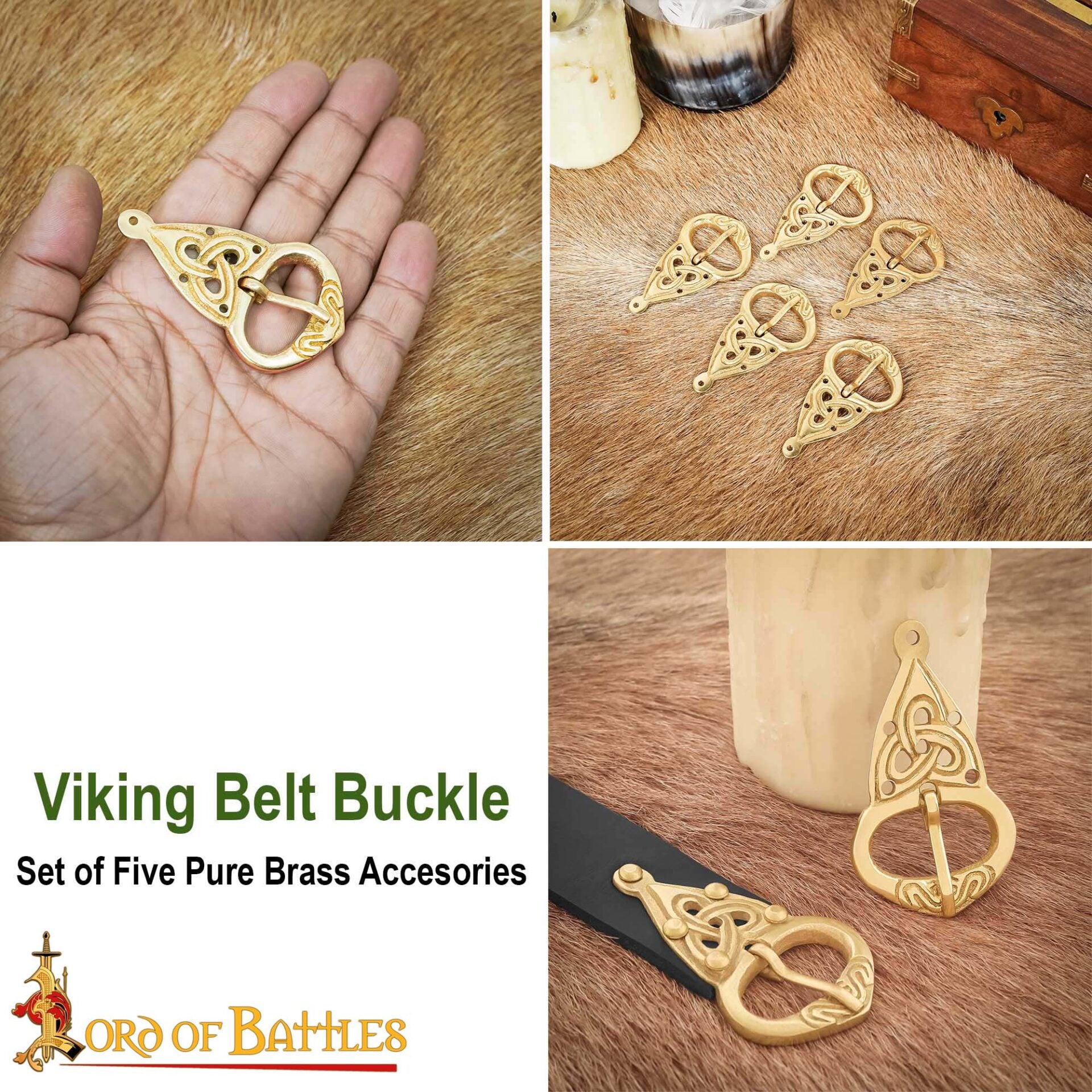 Imagen única de: Hebilla de Cinturón Vikinga con Placa Posterior Nudos Celtas Latón Puro Juego de 5