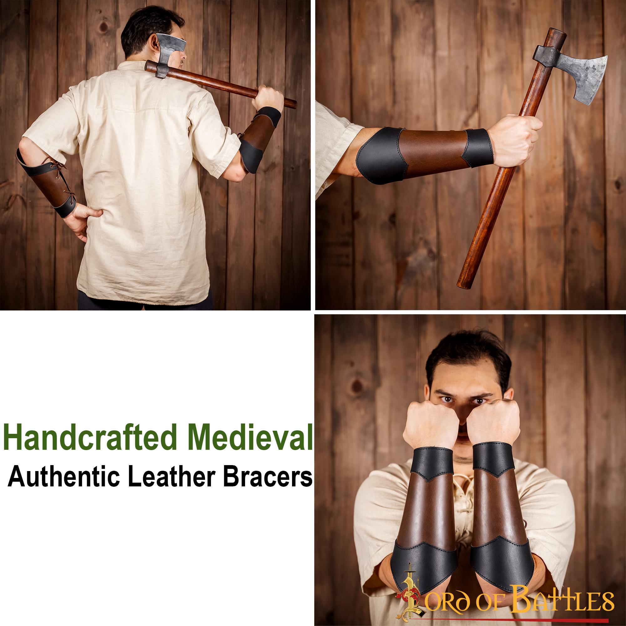Imagen única de: Brazaletes de Cuero Estilo Élfico Hechos a Mano - Par de Guardabrazos Marrón Auténtico