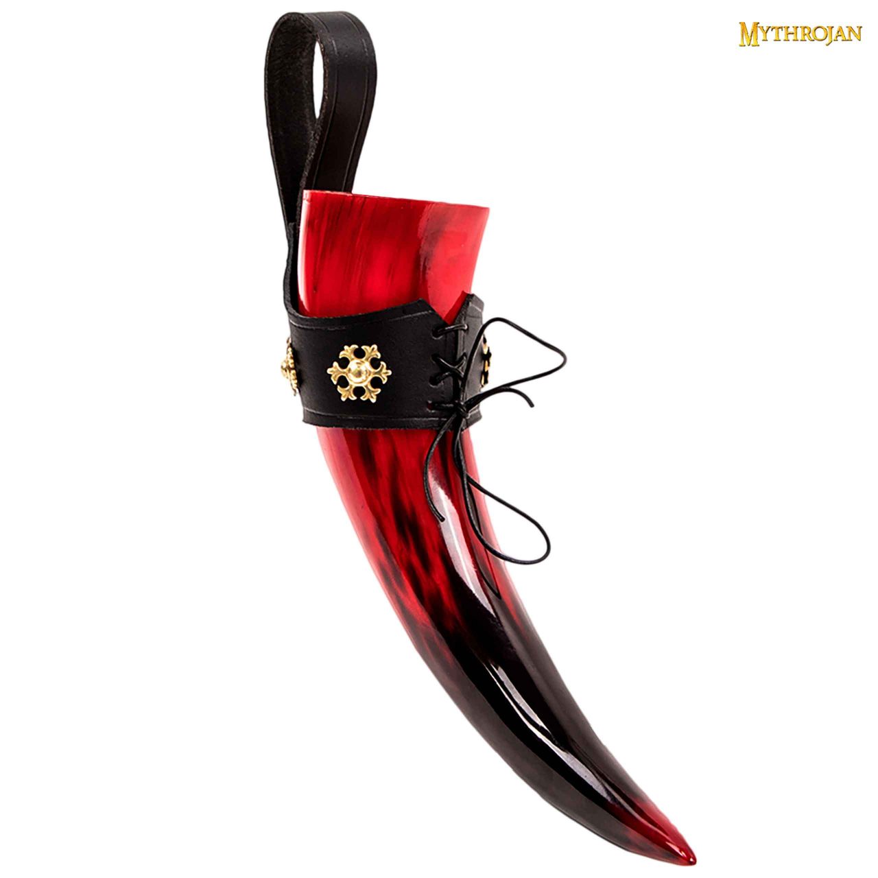 Imagen única de: Taza Medieval para Beber Hidromiel 400ml Rojo Vikingo Cuerno de Buey con Soporte de Cuero Negro Pulido