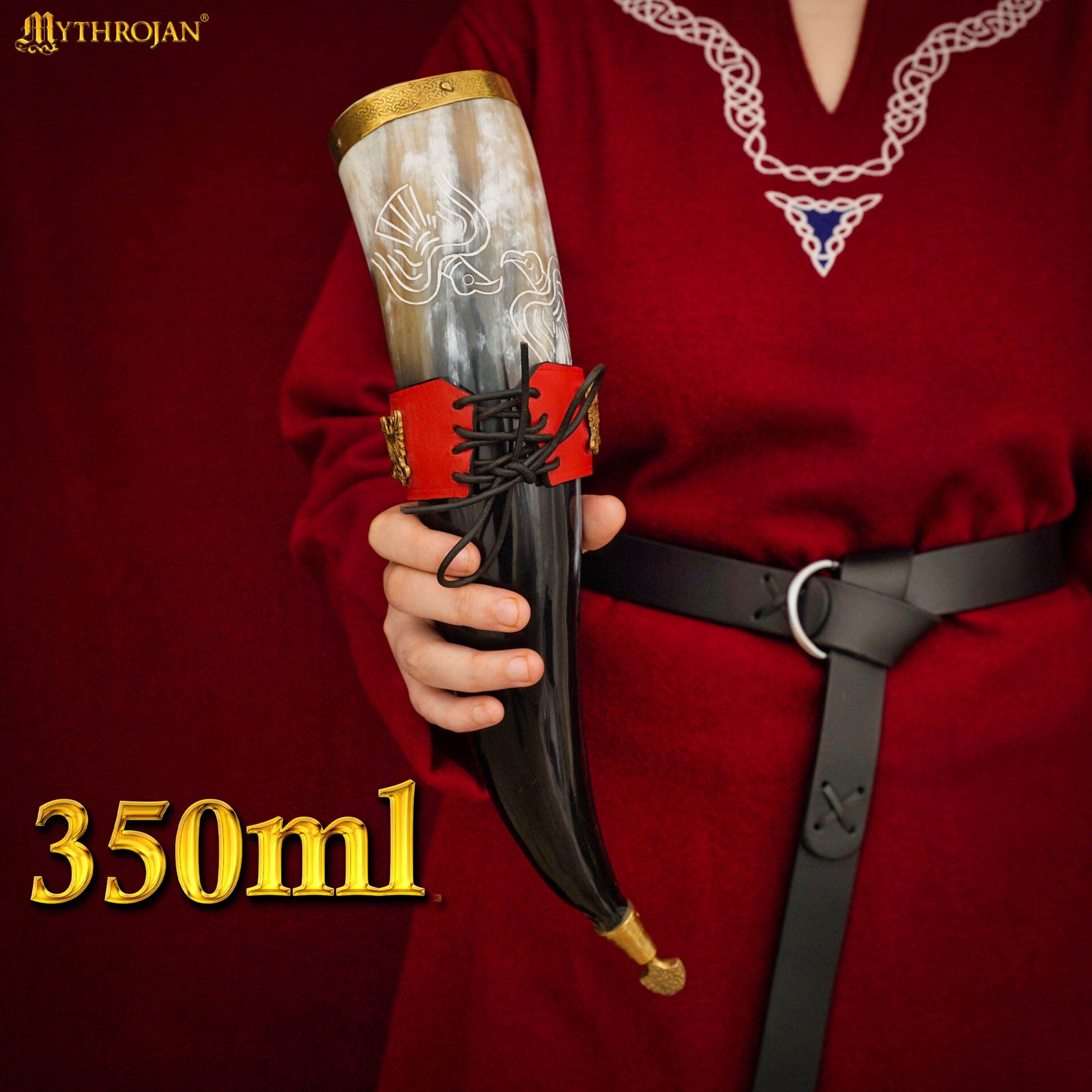Imagen única de: Mythrojan The Bird Of Prey Viking Drinking Horn 350 Ml con Soporte de Cuero Rojo Auténtica Jarra de Vino/cerveza Vikinga de Inspiración Medieval - Acabado Pulido