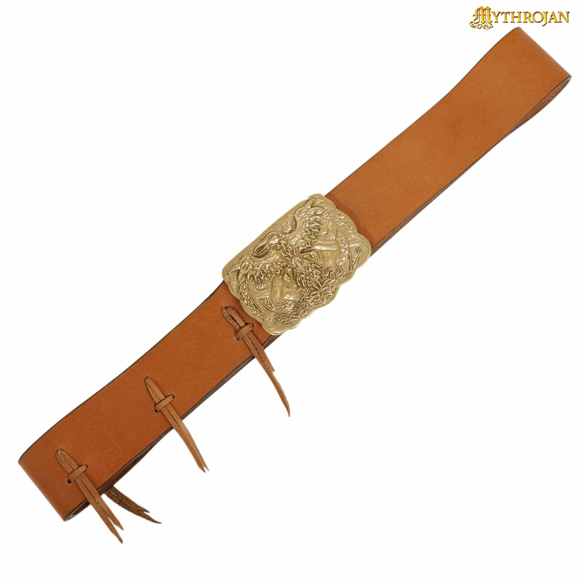 Imagen única de: Cinturón Vikingo Urbano Mythrojan con Hebilla de Latón Macizo y Cuero Auténtico con Cuervo de Odín