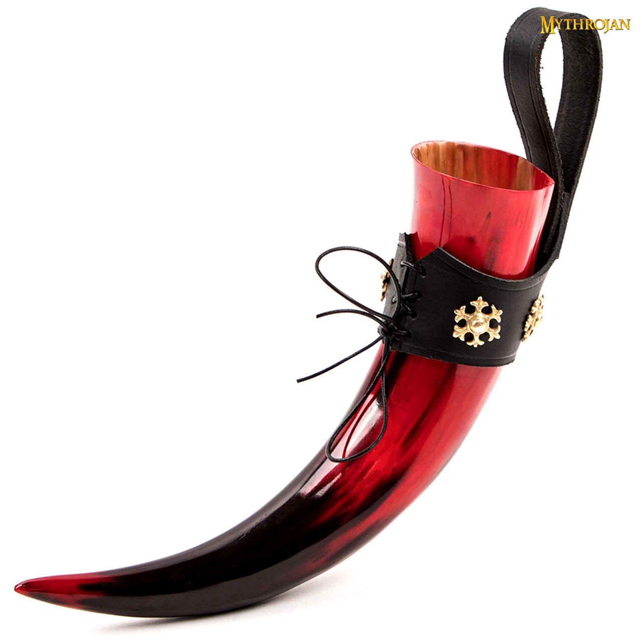 Imagen única de: Taza Medieval para Beber Hidromiel 400ml Rojo Vikingo Cuerno de Buey con Soporte de Cuero Negro Pulido
