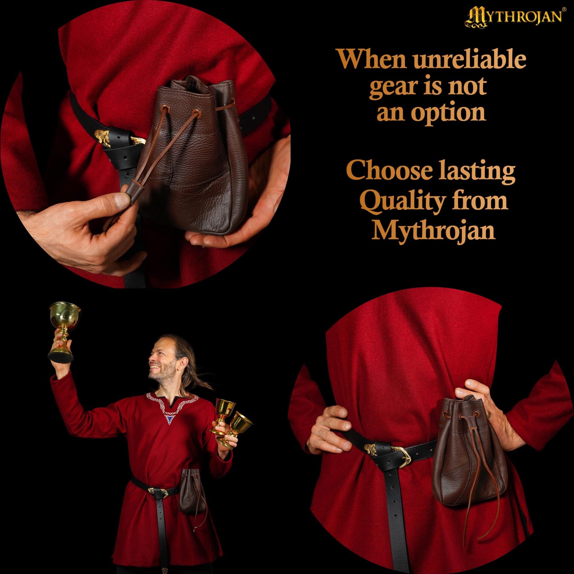Imagen única de: Bolsa Medieval con Cordón Mythrojan, Marrón, 7"×5".