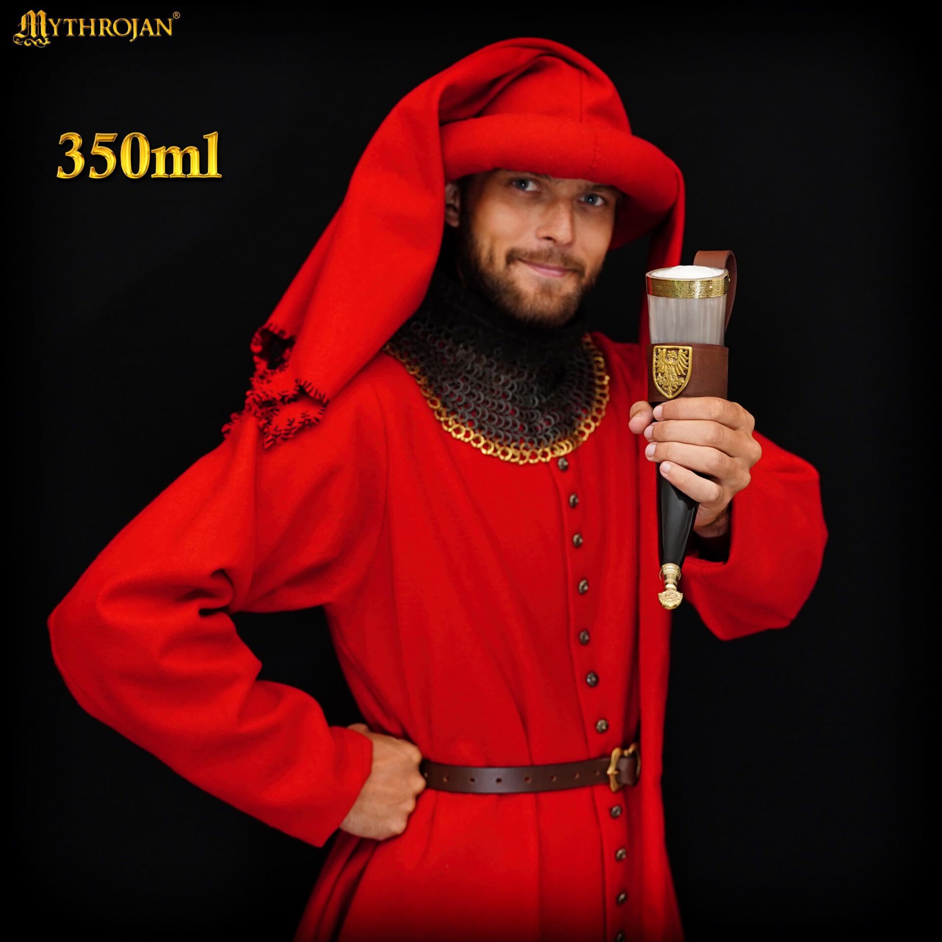 Imagen única de: Mythrojan The Tournament Champion - Viking Drinking Horn 350 Ml With Brown Leather Holder Authentic Medieval Inspired Viking Wine/mead Mug - Polished Finish