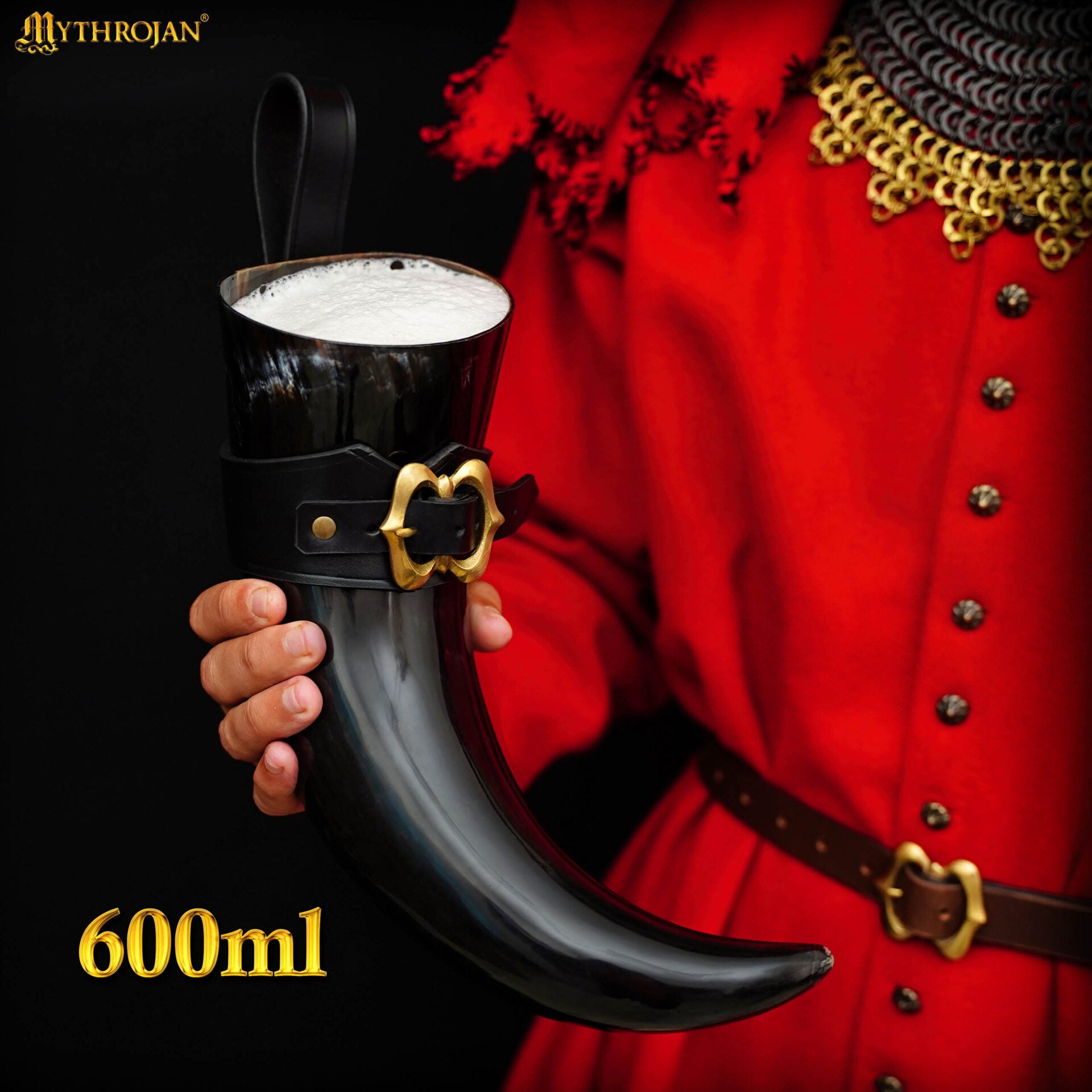 Imagen única de: Mythrojan The Loyal Soldier - Vikingo Cuerno para Beber con Soporte de Cuero Negro Auténtica Jarra de Vino / Cabeza Vikinga de Inspiración Medieval - Acabado Pulido - 400ml