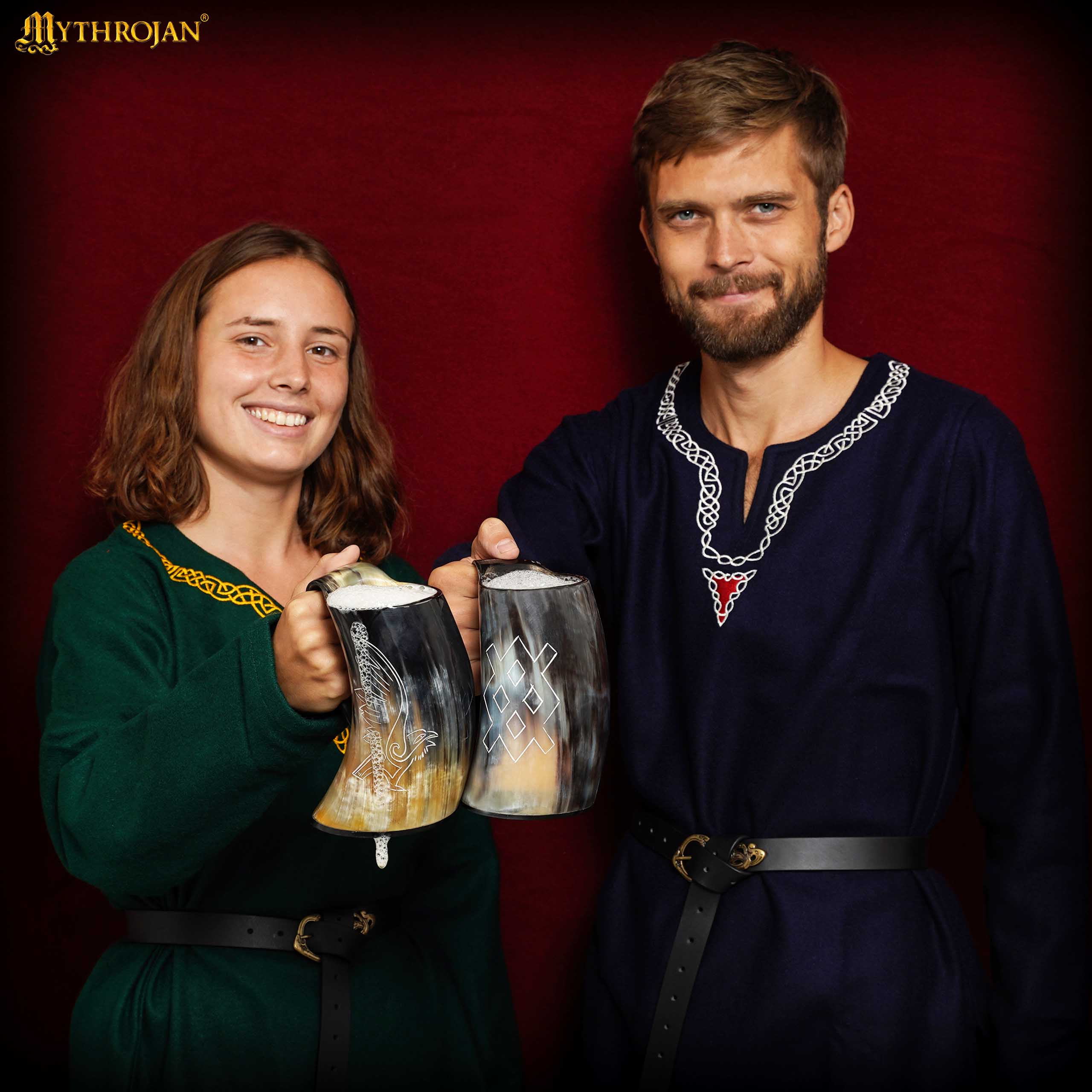 Imagen única de: Vaso Mythrojan Vaso Vikingo con Asa y Hebilla Medieval Renacimiento con Correa de Cuero - Patern Único 800ml