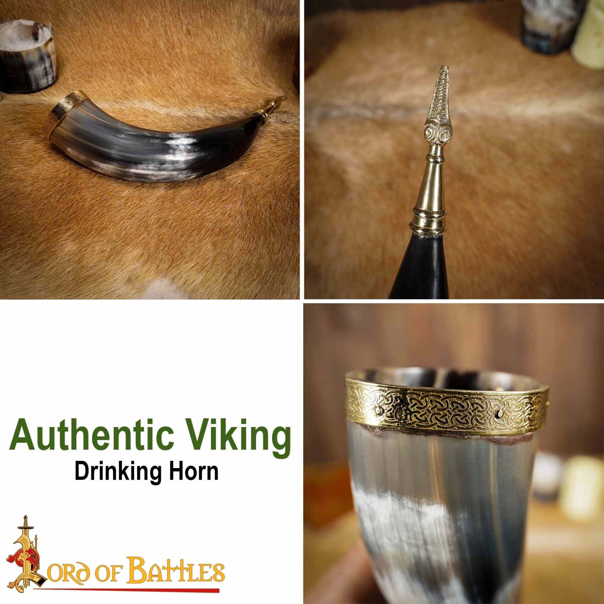 Imagen única de: Cuerno para Beber Vikingo Medieval de 300 - 400 Ml con Accesorios de Latón Hecho a Mano con Auténtico Cuerno de Buey
