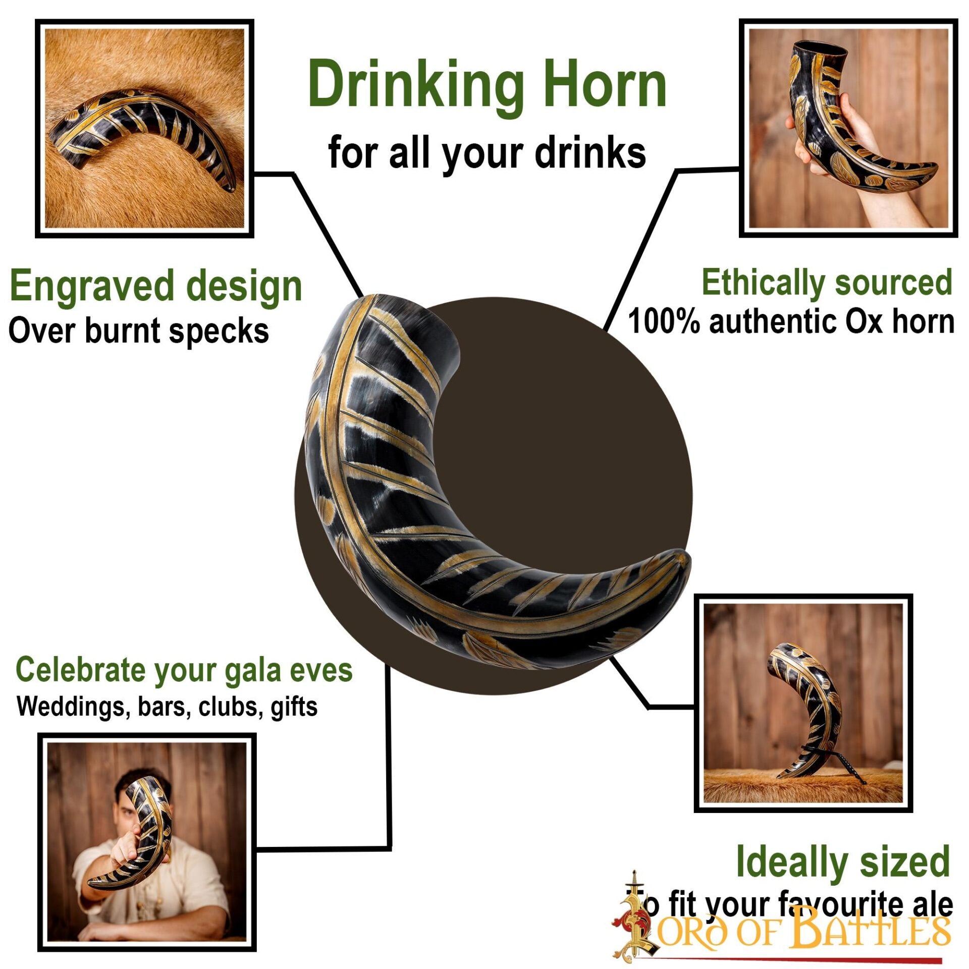 Imagen única de: Cuerno para Beber Vikingo Medieval 400 - 500 Ml con Diseños Grabados Cuerno de Buey Auténtico Hecho a Mano