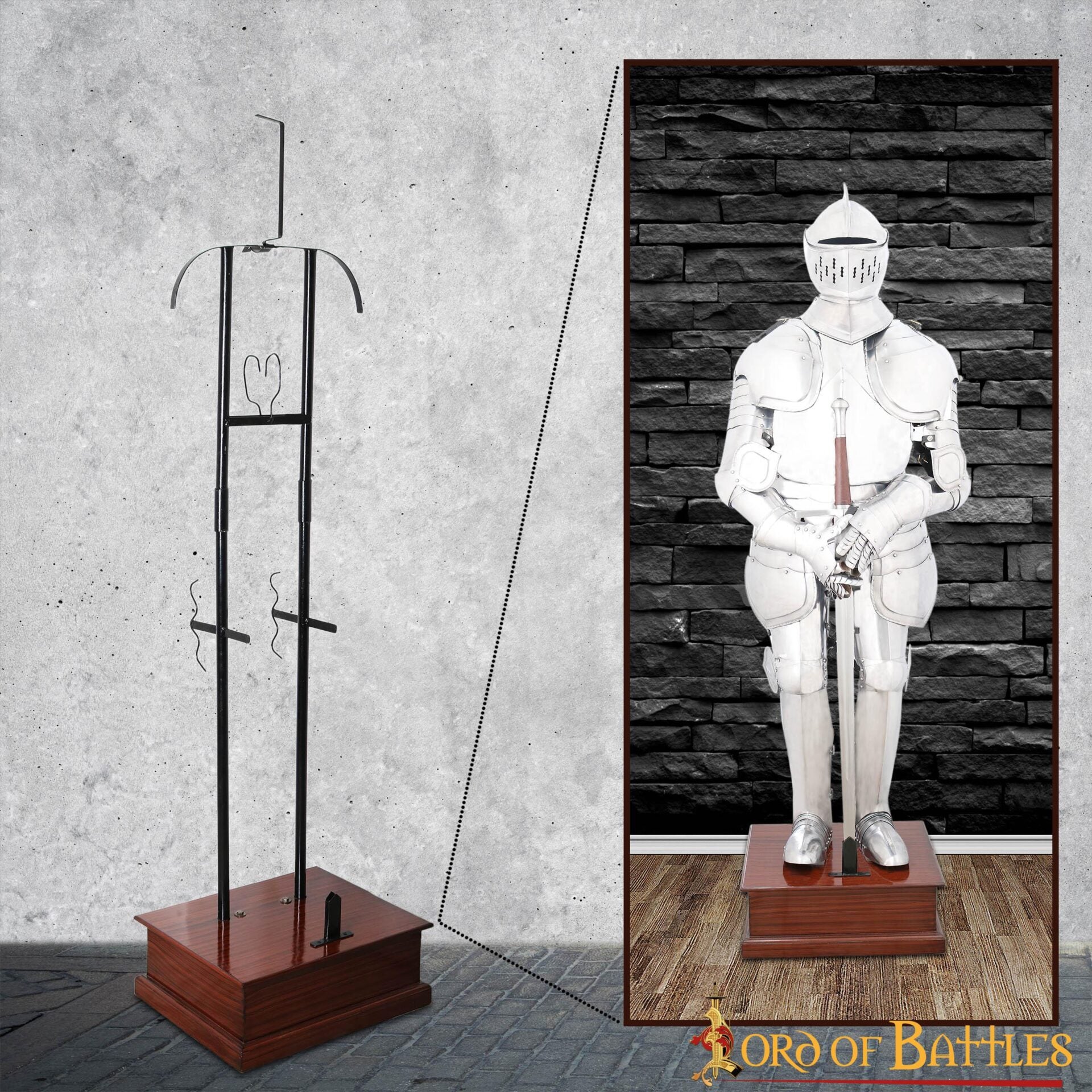 Imagen única de: Expositor Medieval de Armadura Completa - Estructura de Acero de Calibre 18 con Base de Madera Dura