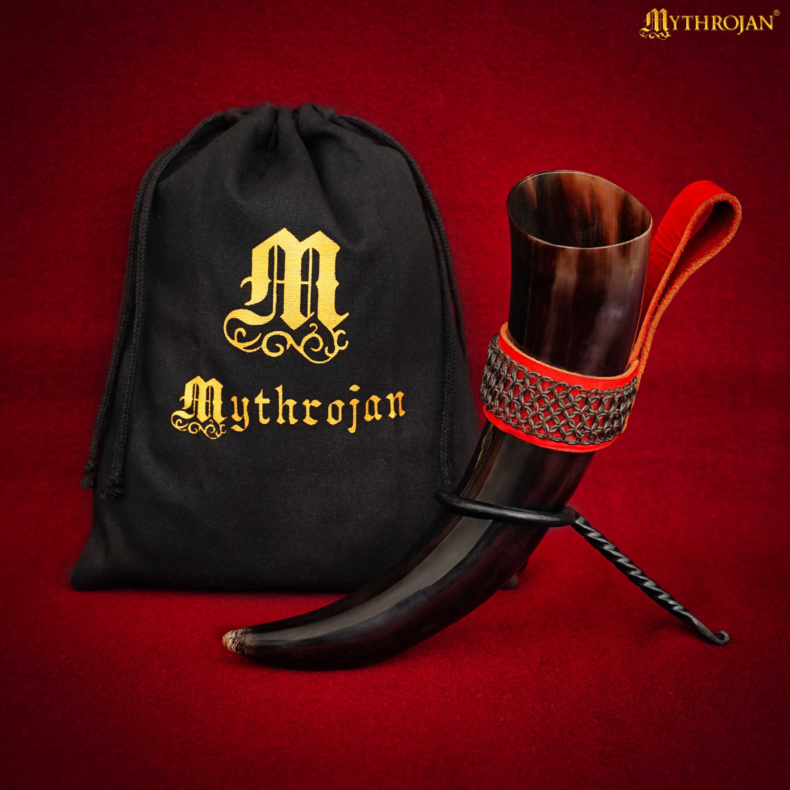 Imagen única de: Mythrojan The Witcher Companion Vikingo Cuerno para Beber con Soporte de Cuero Rojo Auténtica Taza Vikinga Inspirada en la Edad Media - Acabado Pulido