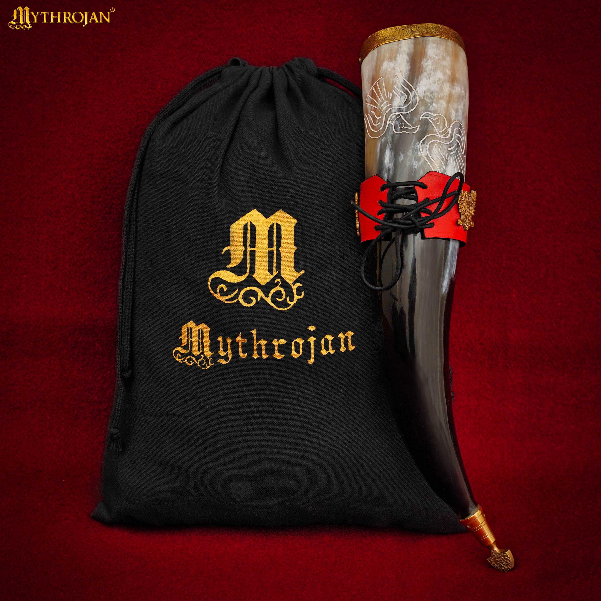 Imagen única de: Mythrojan The Bird Of Prey Viking Drinking Horn 350 Ml con Soporte de Cuero Rojo Auténtica Jarra de Vino/cerveza Vikinga de Inspiración Medieval - Acabado Pulido