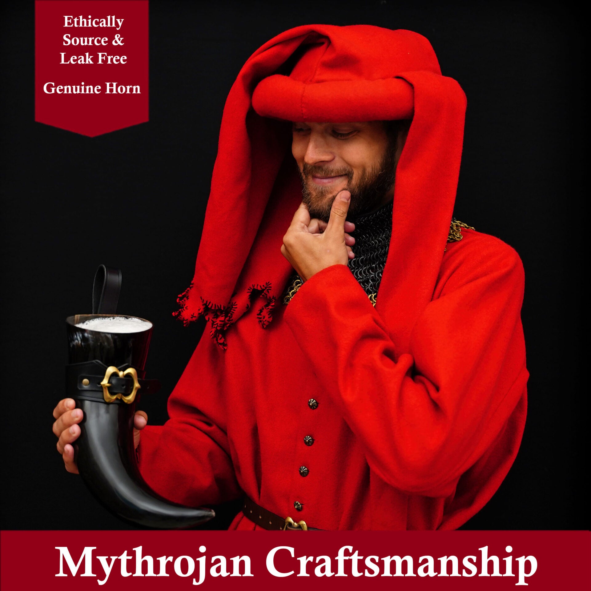 Imagen única de: Mythrojan The Loyal Soldier - Vikingo Cuerno para Beber con Soporte de Cuero Negro Auténtica Jarra de Vino / Cabeza Vikinga de Inspiración Medieval - Acabado Pulido - 400ml