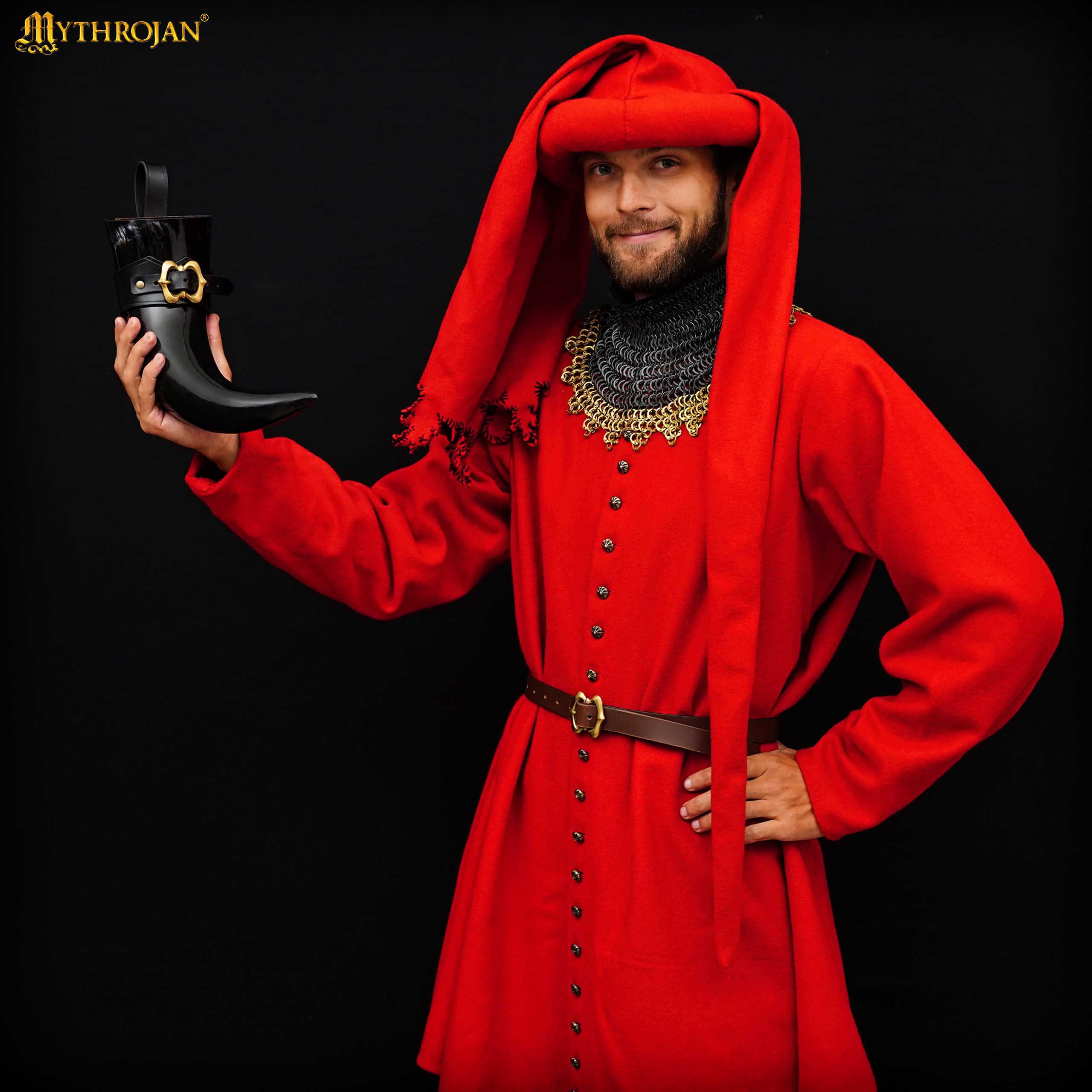 Imagen única de: Mythrojan The Loyal Soldier - Vikingo Cuerno para Beber con Soporte de Cuero Negro Auténtica Jarra de Vino / Cabeza Vikinga de Inspiración Medieval - Acabado Pulido - 400ml