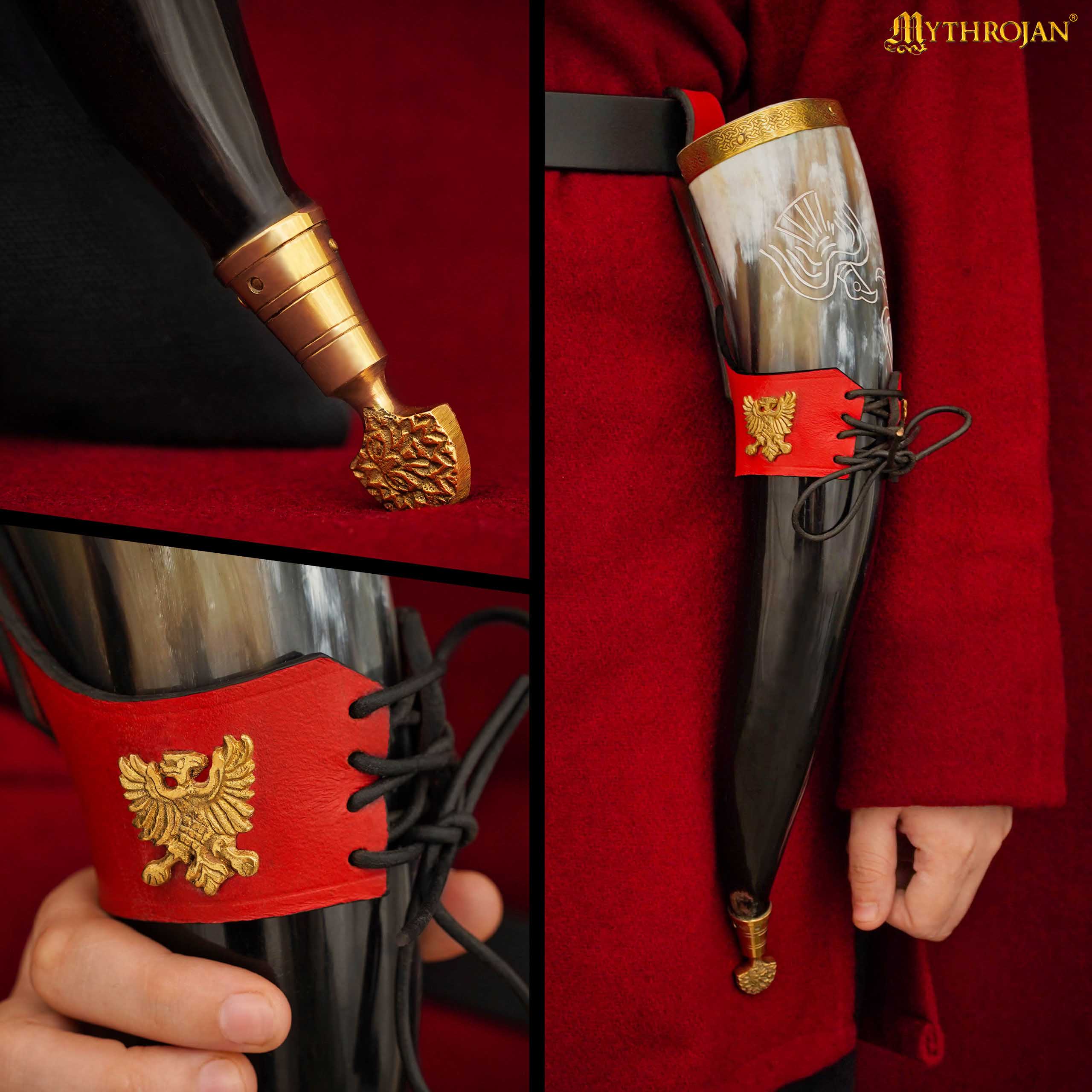 Imagen única de: Mythrojan The Bird Of Prey Viking Drinking Horn 350 Ml con Soporte de Cuero Rojo Auténtica Jarra de Vino/cerveza Vikinga de Inspiración Medieval - Acabado Pulido